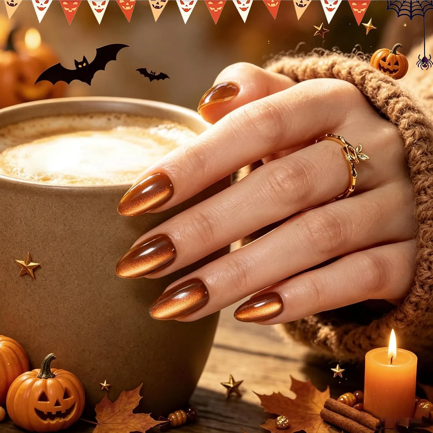 Beetles Halloween Press On Nails Short Almond, 32PCS, Cat Eye Pumpkin Spice