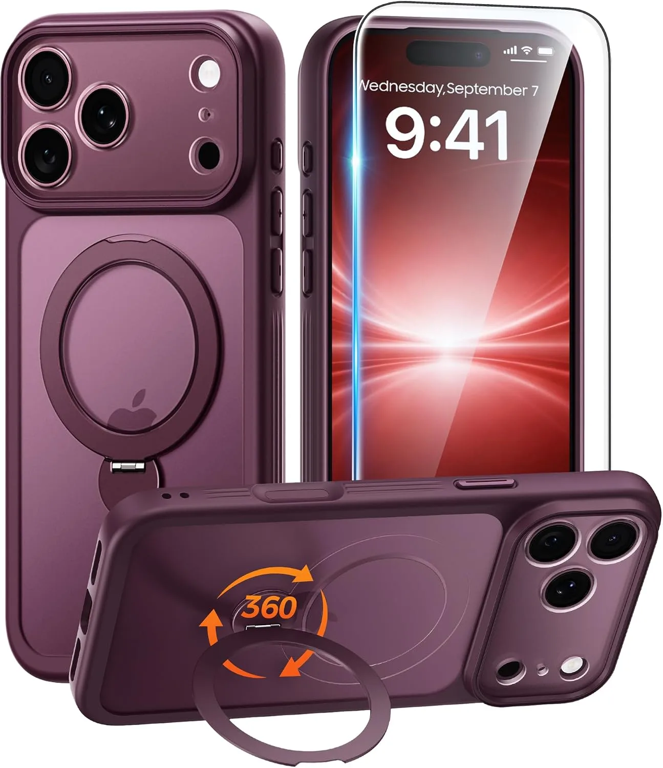 for iPhone 17 Pro Max Case with 360 Spin Stand, Cherry Red