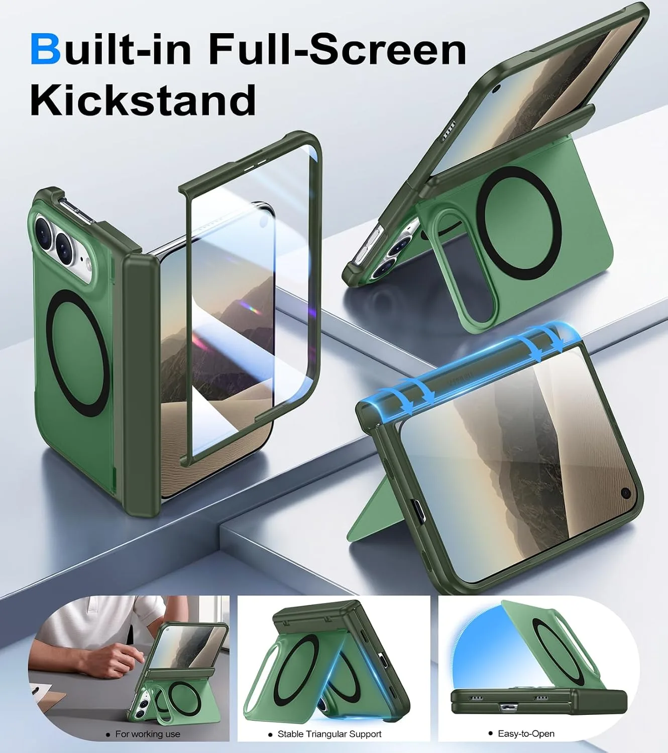 Red2Fire for iPhone Duo Case with Built-in Screen Protector, [Compatible with Magsafe], [Built-in Kickstand & Full Body Hinge Protection] Magnetic Slim iPhone Ultra Fold Case,Green