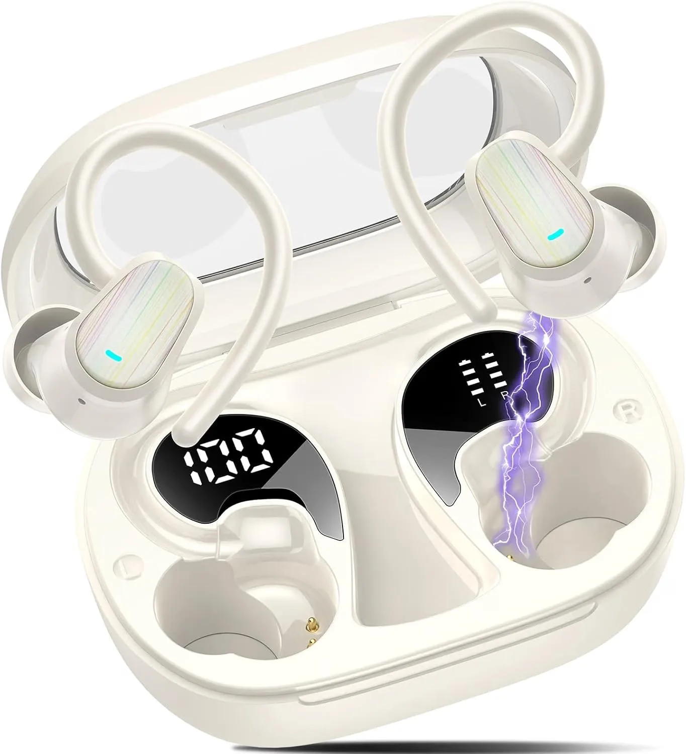 Wireless Earbuds, Bluetooth 5.4 Headphones Sport, Over Ear Buds with ENC Noise Canceling Mic, Deep Bass Stereo Ear Buds with Hook, 50H Playback, LED Display, IP7 Earphones for Workout Running, White
