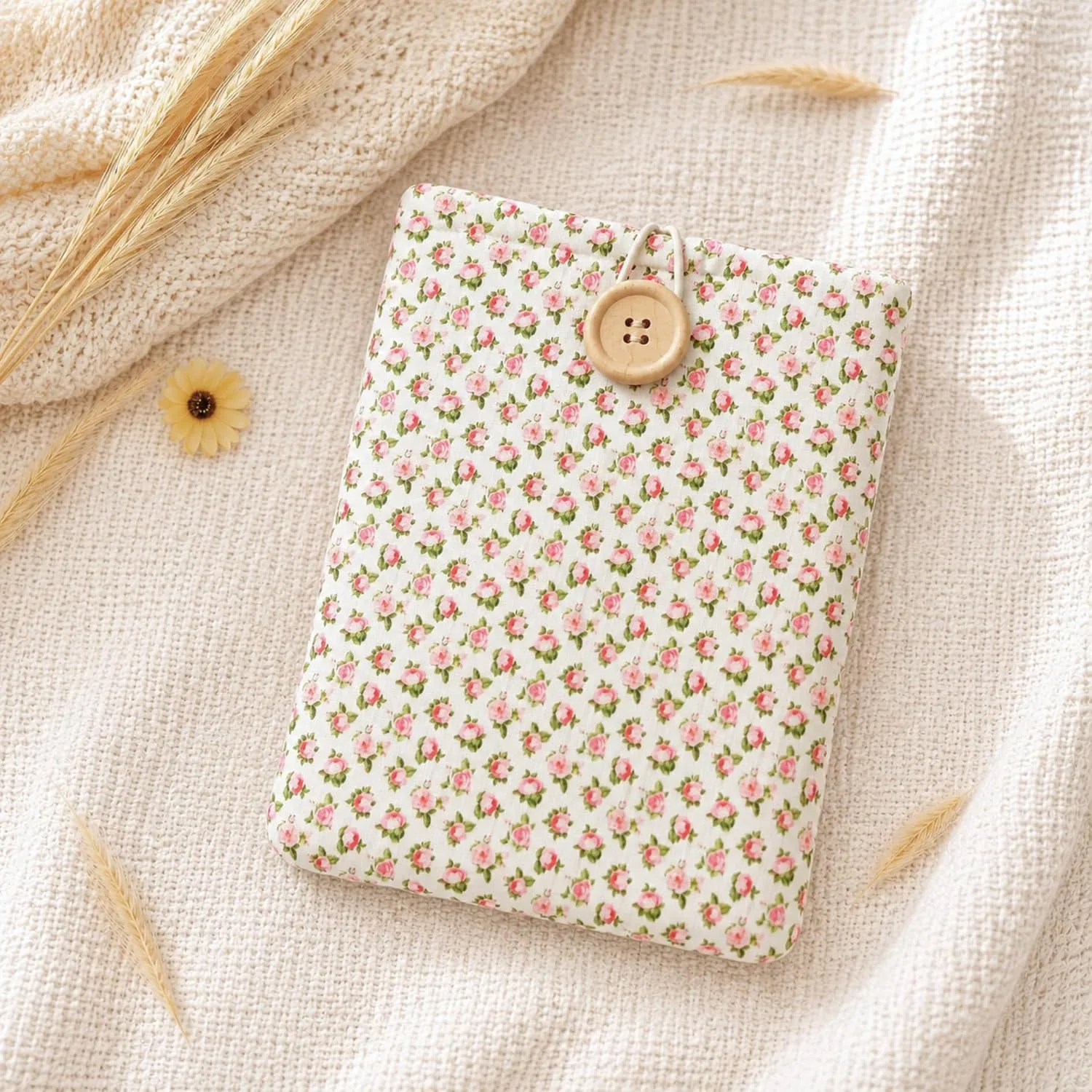 Floral Daisy Kindle Sleeve - Compatible with Paperwhite/Basic (6''), Paperwhite (6.8''), Signature (6.8'') - Cotton Padded E-Reader Cover (Pink Roses)