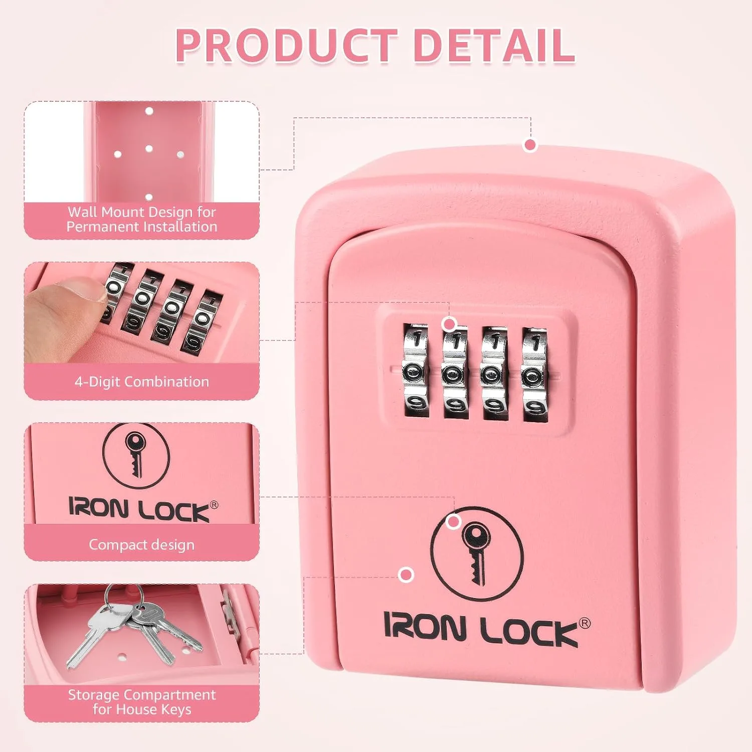 Iron Lock® Small Wall Mount Key Lock Box for Keys Outside (Pink)