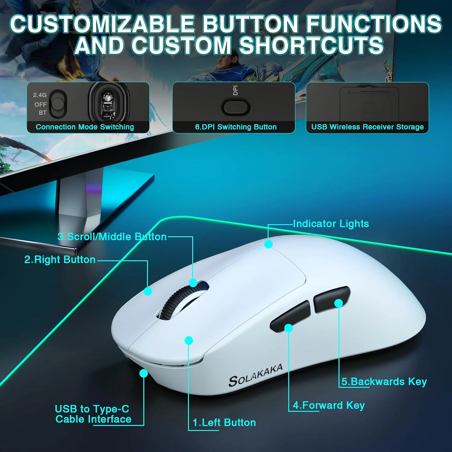 SOLAKAKA SM850 Gaming Mouse Wireless 24000 DPI Lightweight PC Gamer Mice