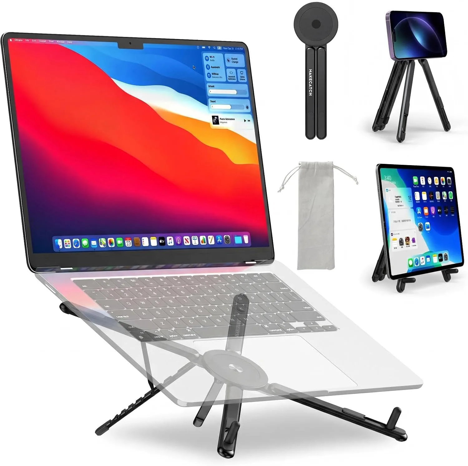 Portable Laptop Stand for Desk, 3-in-1 Adjustable Holder (Black)