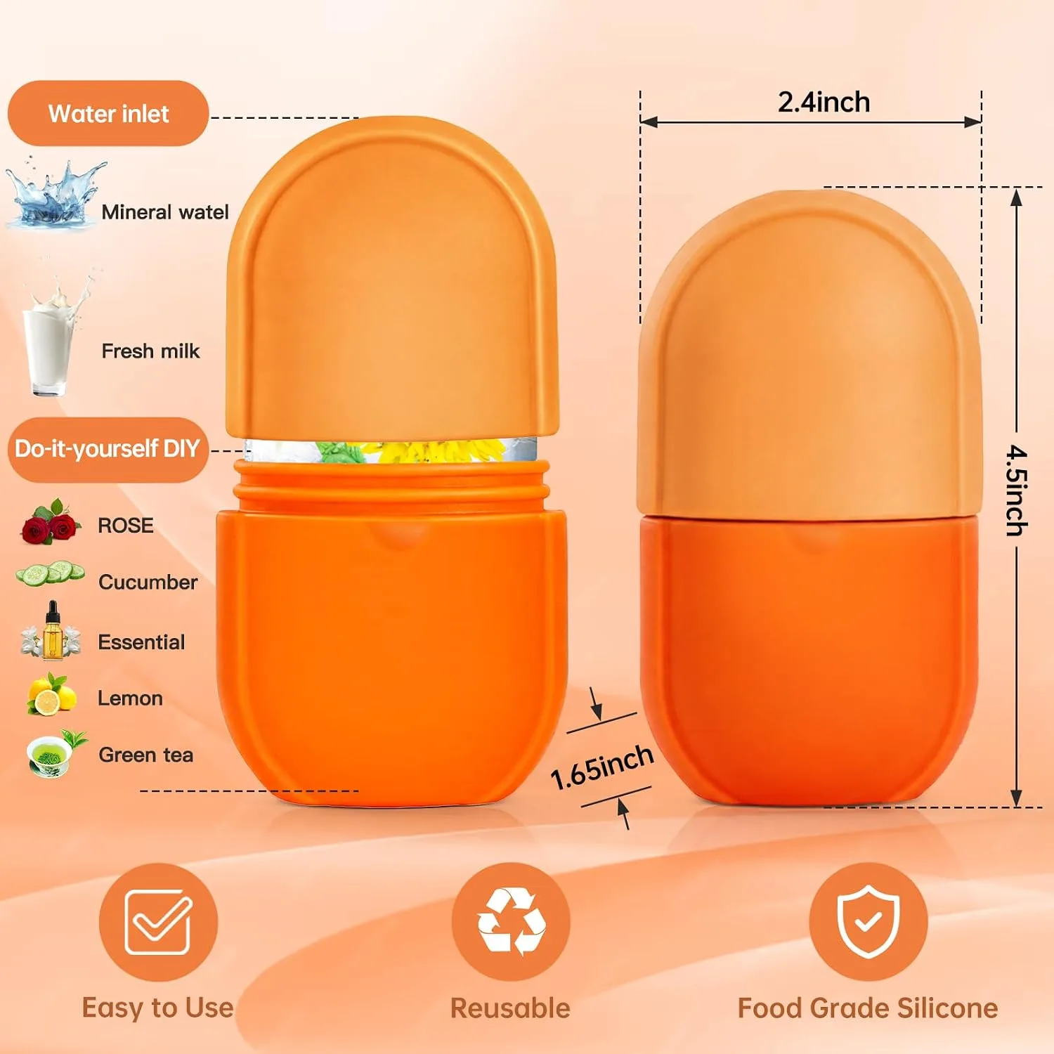 Ice Roller for Face and Eye, Gua Sha Facial Tools ,Puffiness Relief Ice Roller Skin Care ,Ice Facial Cube, Neck Massage, Silicone Ice Mold for Face Beauty,Self Care Gifts for Women ( Orange)