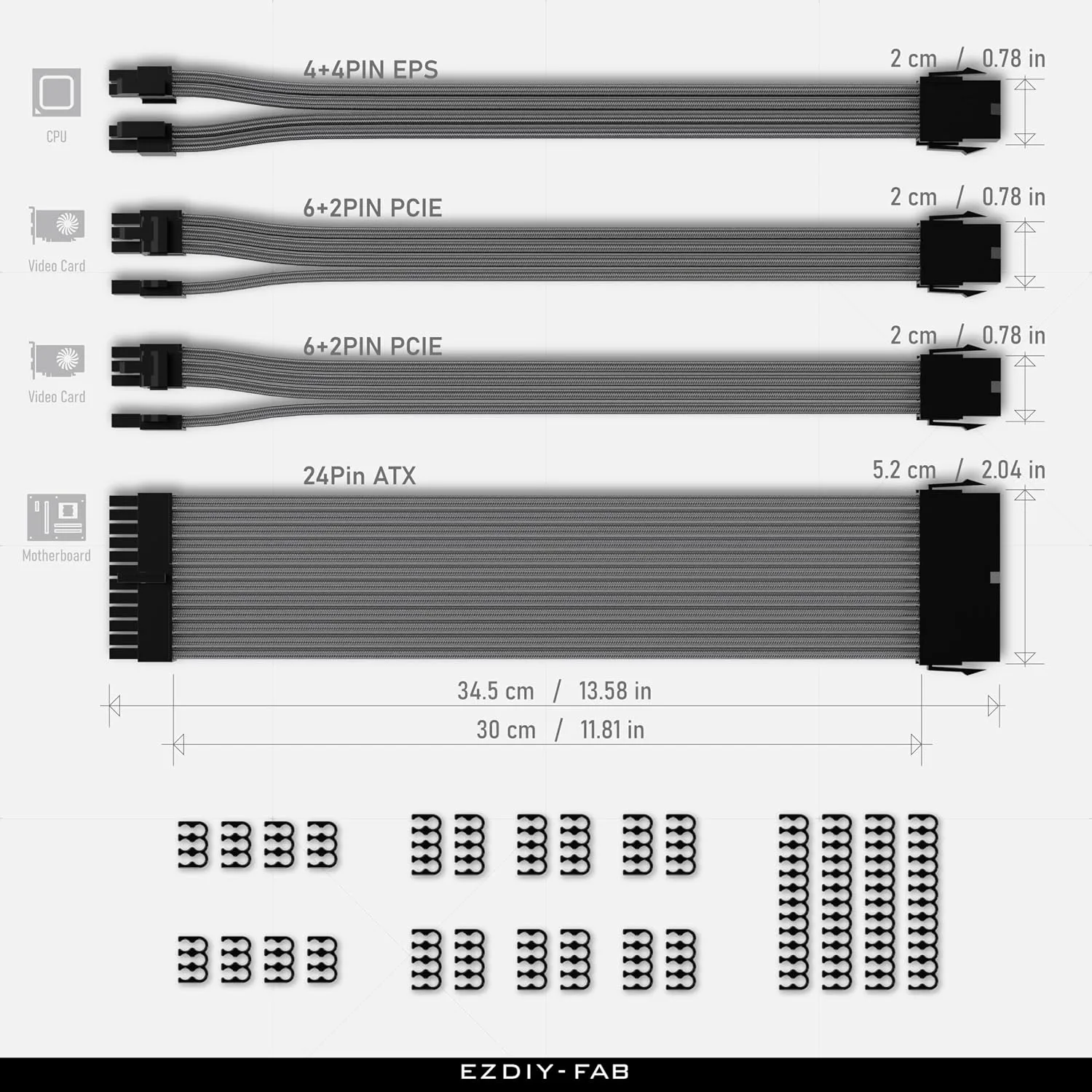 EZDIY-FAB PSU Cable Extension Kit, 18AWG, ATX/EPS/PCIe, 30cm, Carbon