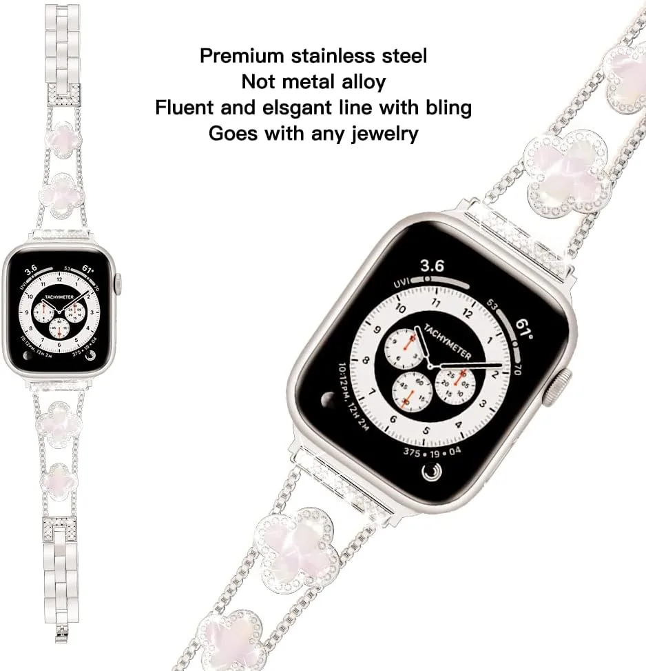 Musk-MSKR Diamond Metal Bands Add Sparkle to Your Watch For Apple Watch Series 12/11/10/9/8/7/6/5/4/3/2/SE/Ultra Clover Simple and Stylish Compatible with 38mm40mm41mm42mm44mm45mm 46mm49mm Women's Wear