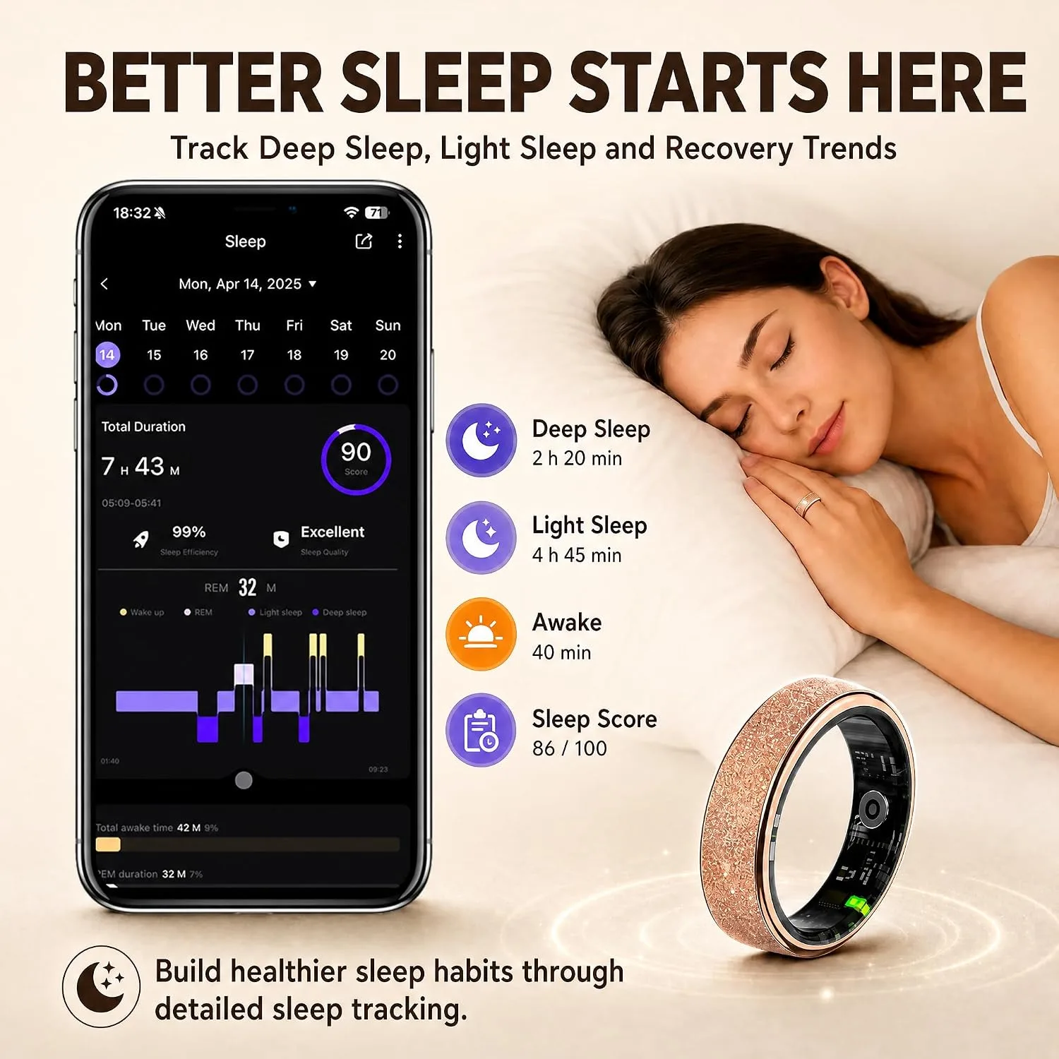 Frosted Glitter Smart Ring, Fitness & Health Tracker for Women Men