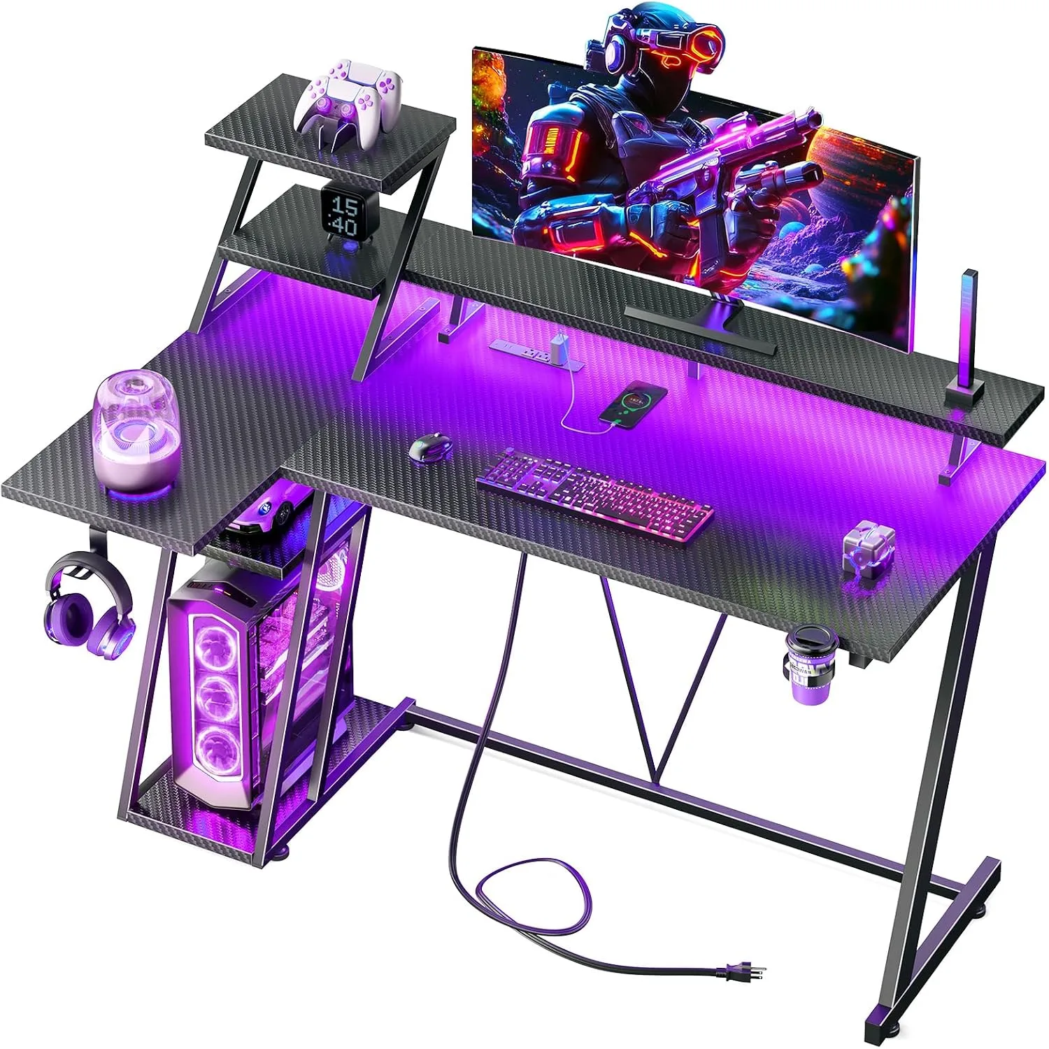 Escritorio para gaming Korfile 40 pulgadas con LED y toma de corriente, negro fibra de carbono