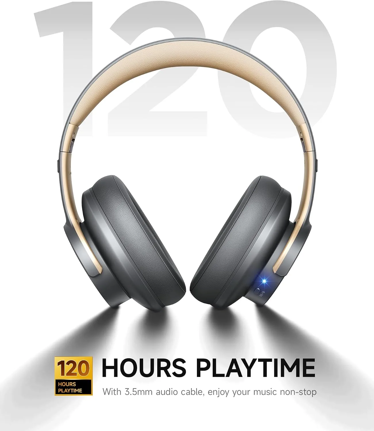 Picun B8 Wireless Bluetooth Headphones, 120H Playtime, 3EQ Modes, Gray