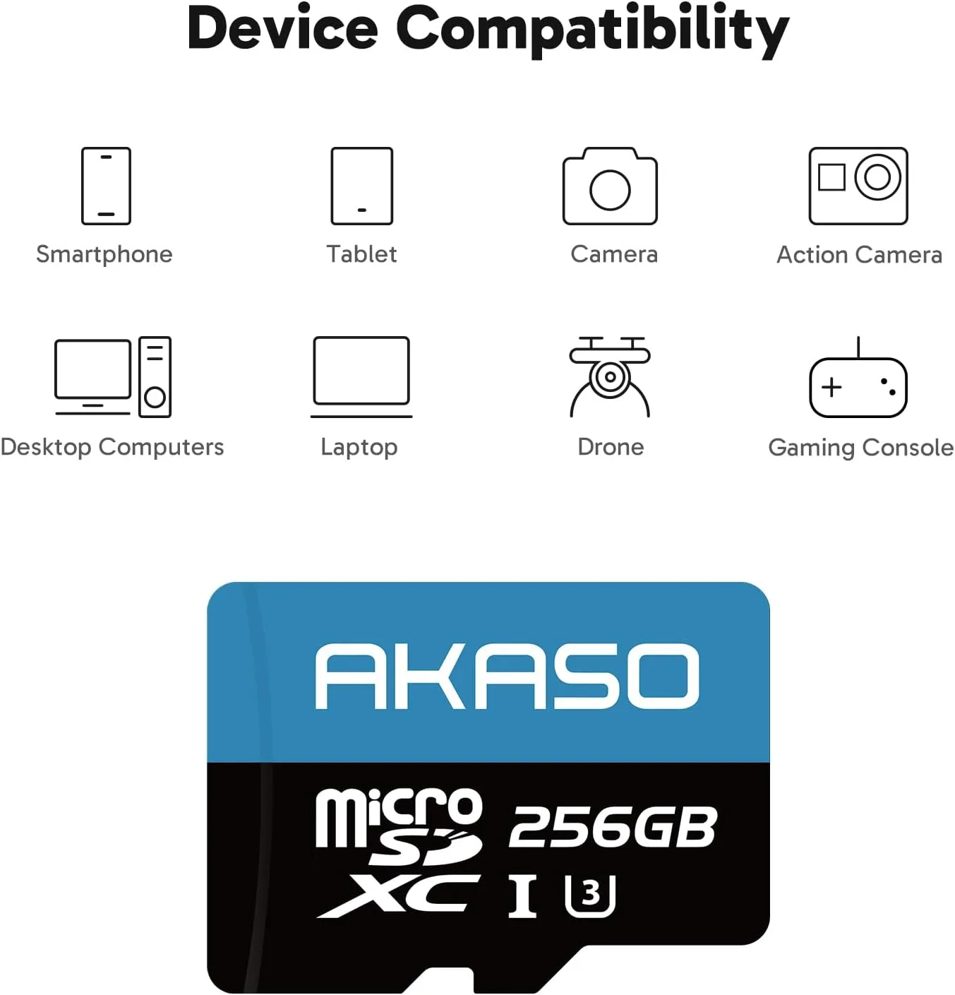 AKASO 256GB microSDXC U3 MicroSD Card- Up to 100MB/s