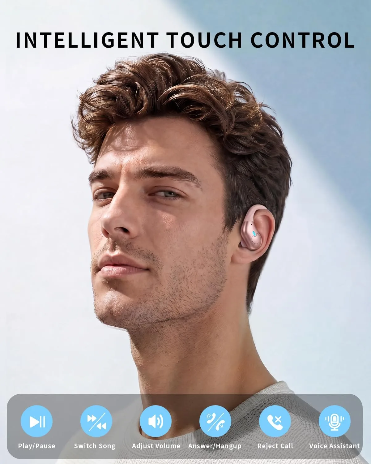 Active Noise Cancelling Ear Buds Wireless Earbuds 90H Playtime Bluetooth Headphones Stereo Bass Over-Ear Hooks Earphones with Power Display Case IPX7 Waterproof Headset for Workout/Running, Rose Gold