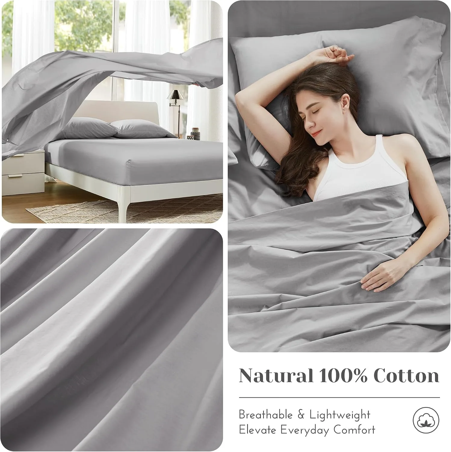 Comfort Spaces 100% Cotton Percale Sheets Queen Sheet Set 4 Piece, Grey
