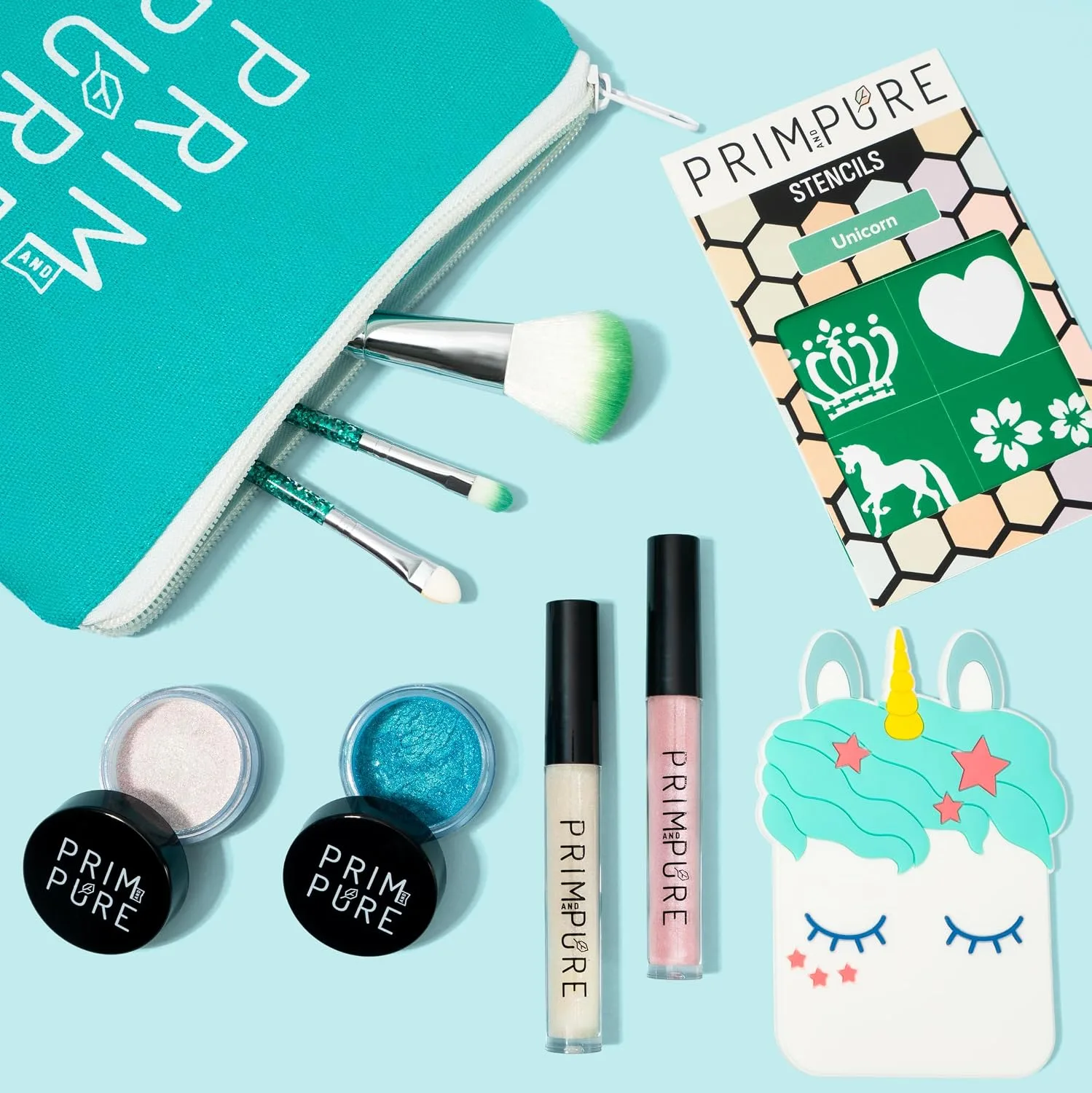 Prim and Pure Mineral Gift Set with Unicorn Mirror| Perfect for Play Dates & Birthday Parties | Kids Eyeshadow Makeup – Mineral | Organic & Natural Makeup Kit for Kids| Made in USA (Blue)