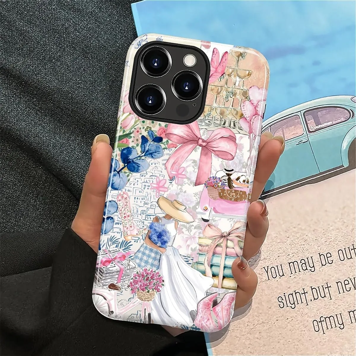 DAIZAG Case for iPhone 14 Pro Max,Mixed 2 Layer Design Shockproof Soft TPU Ddouble Protection Phone Case for iPhone 14 Pro Max-Magazine Books Flower Bow Collage