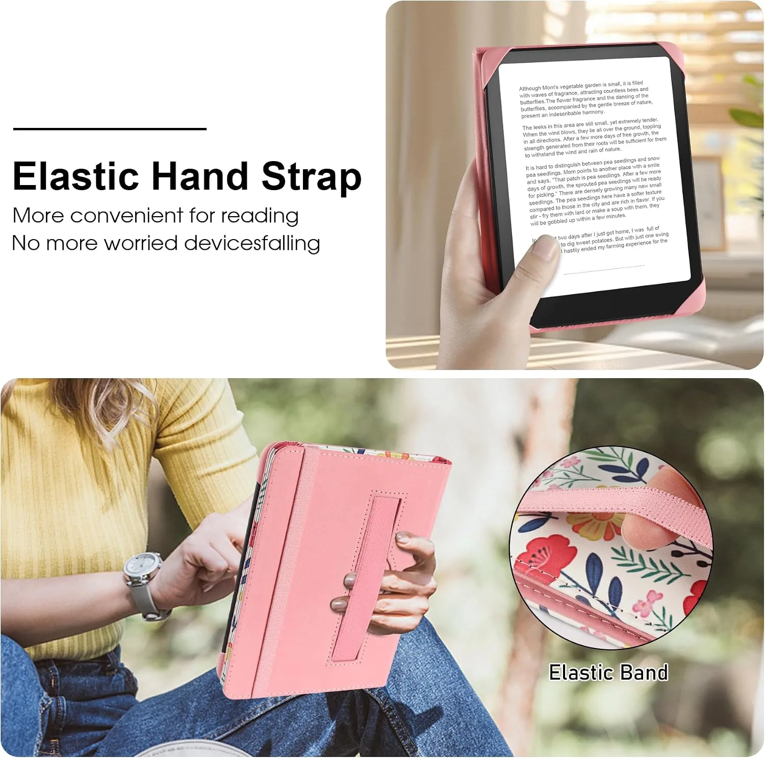 HoYiXi Universal Case for 6 inch Kindle eReader Compatible with Paperwhite(2015/2018)/Pocketbook and Tolino/Kobo Clara HD,6" eReader Protective Case Cover Elastic Rope,Flowers 2