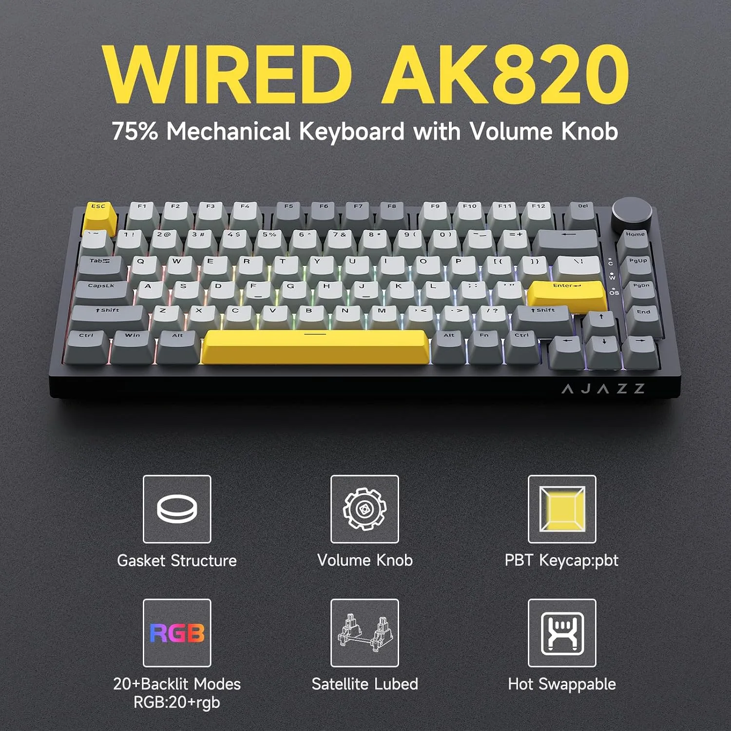 Ajazz AK820 TKL 75% Hot Swappable Mechanical Keyboard with Volume Knob, Gasket Mount Wired Gaming Creamy Keyboard, Pre-lubed Linear Switch, South-Facing RGB, PBT Keycaps