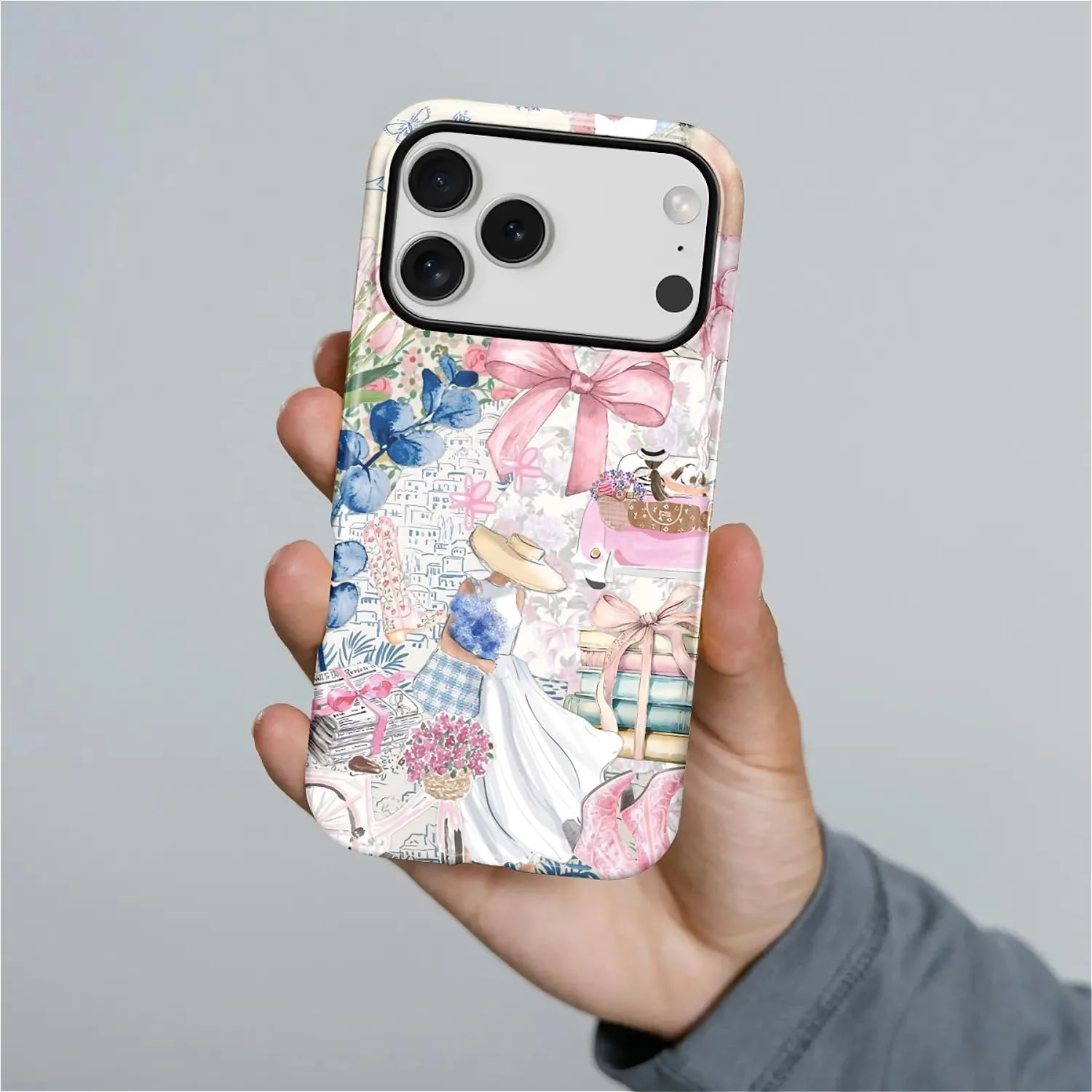 DAIZAG Case for iPhone 17 Pro,Mixed 2 Layer Design Shockproof Soft TPU Ddouble Protection Phone Case for iPhone 17 Pro-Magazine Books Flower Bow Collage