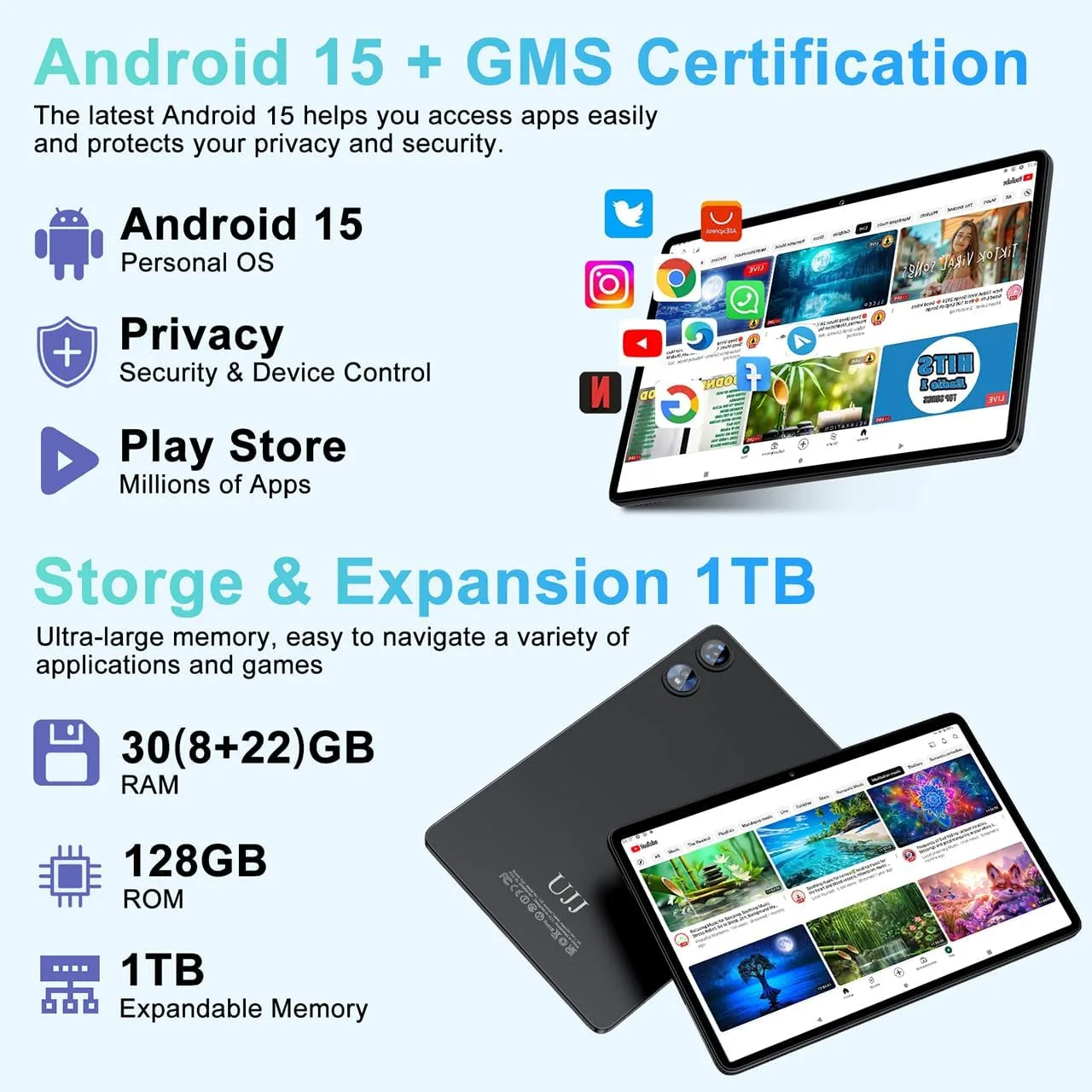 Tablet 10 inch Android 15 Tablets 30GB RAM 128GB ROM 1TB Expand, 8000mAh Octa-Core Tablets with Keyboard Mouse, HD IPS Display, Gemini AI, GPS, 5G WiFi, Widevine L1, Split-Screen - Metal Black