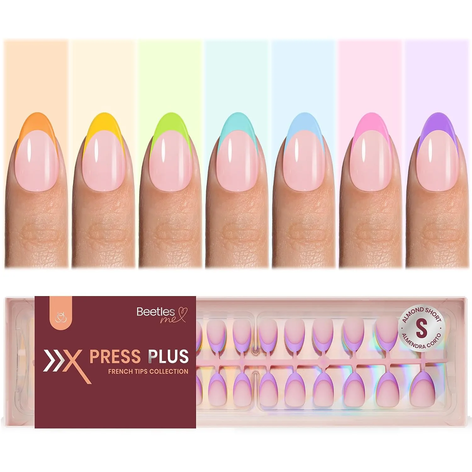 Beetles French Tip Press On Nails - Short Almond 224 Pcs 7 Colors