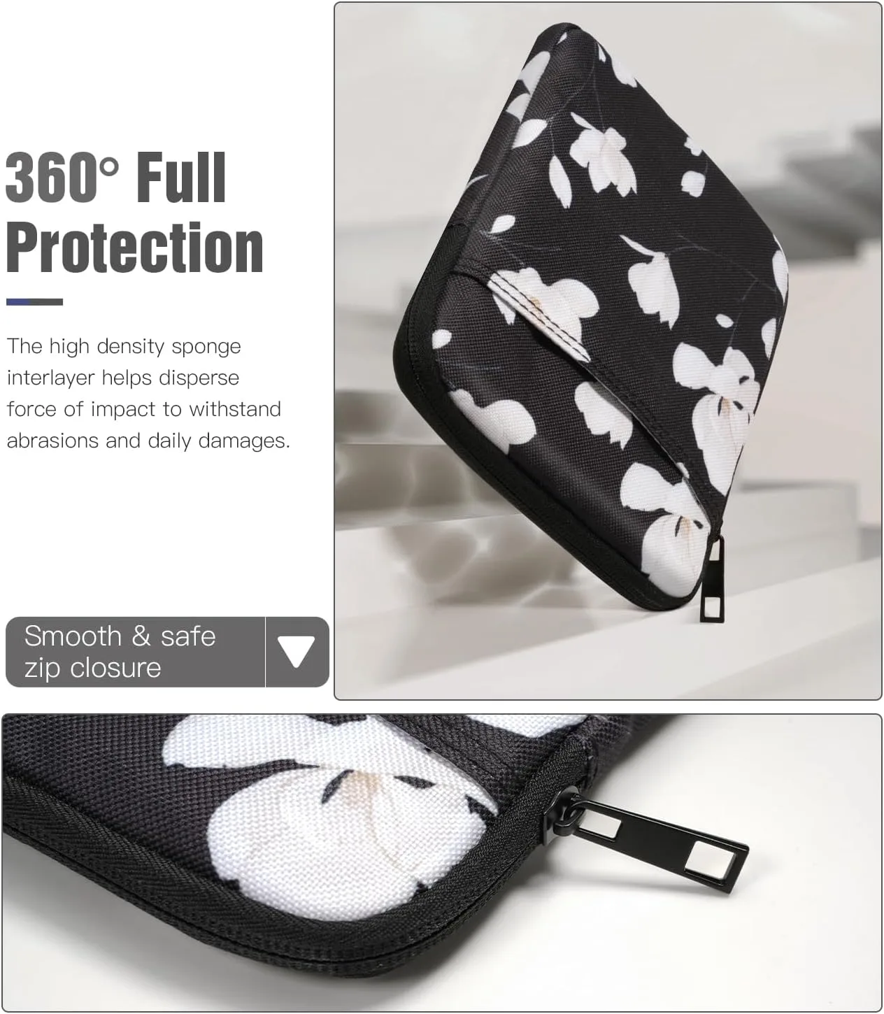 TiMOVO 6-7 Inch Sleeve Case for eReader, Black&White Magnolia