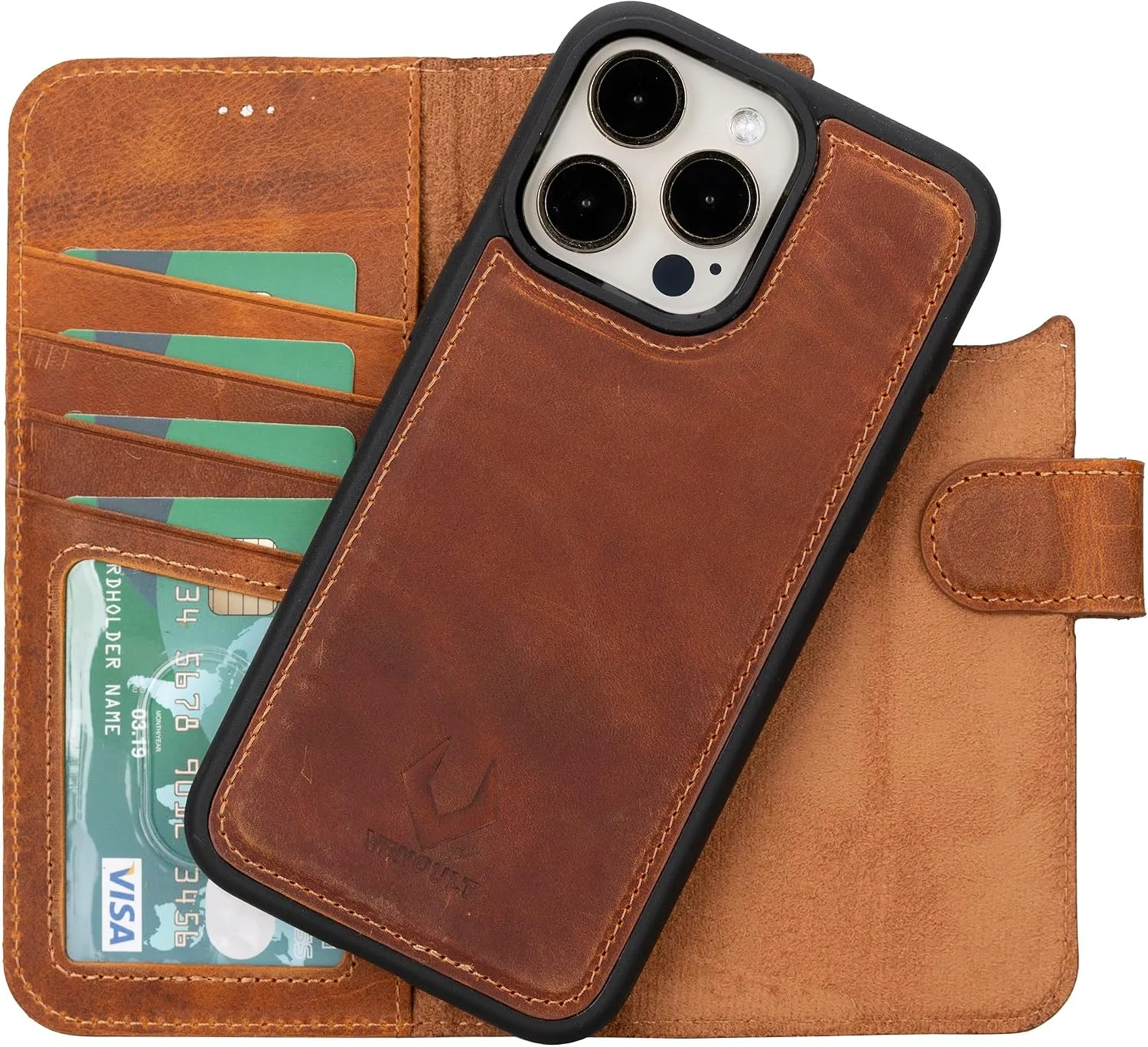 VENOULT Wallet Case for iPhone, Full Grain Genuine Turkish Leather, Magnetic Detachable, RFID 4 Card Slots, Business Style, Compatible with MagSafe (Almond, iPhone 16 Pro MAX)