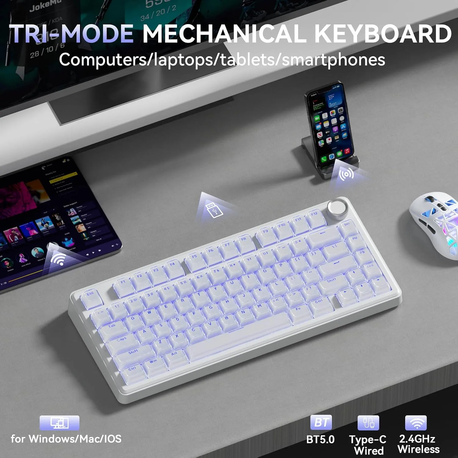 SOLAKAKA A75 Wireless Gaming Keyboard with Multifunction Knob, BT5.0/2.4GHz/USB-C, 75% Mechanical Keyboard, Hot-Swappable, Gasket Creamy Keyboard with RGB Backlit, Crystal Keycaps, for PC/Mac