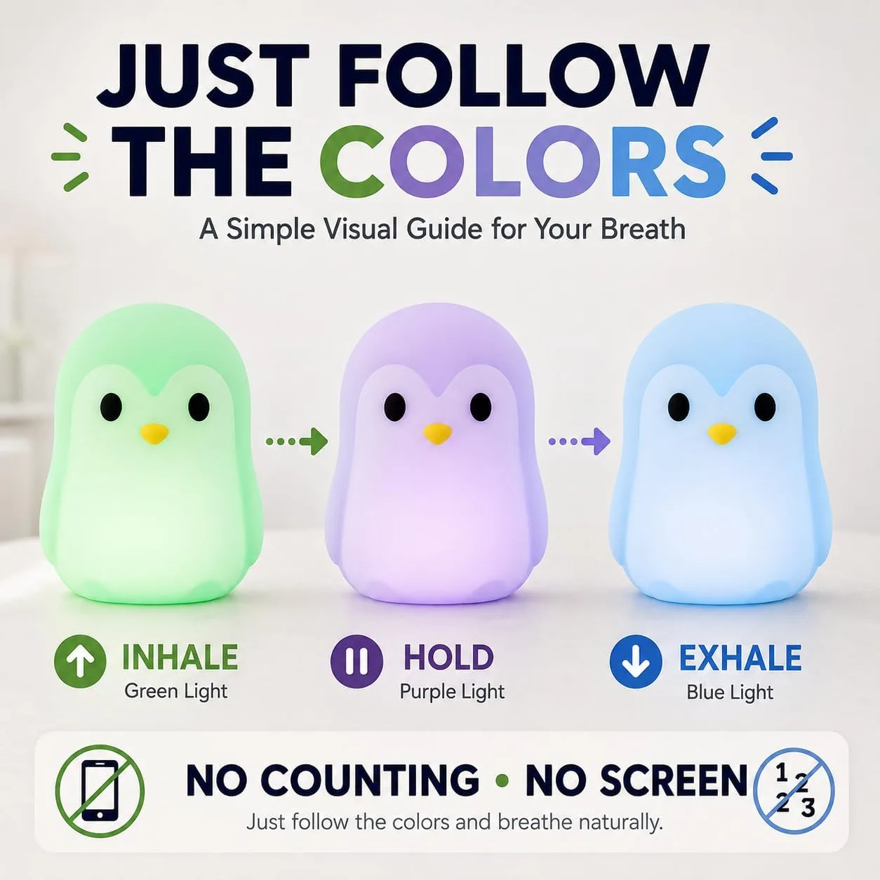 Breathing Loong Guided Visual Breathing Light for Mindfulness Relief | Relaxation Tool | Focus Meditation Device & Calming Night Light | Ideal for All Ages, Home & School Use (Penguin)