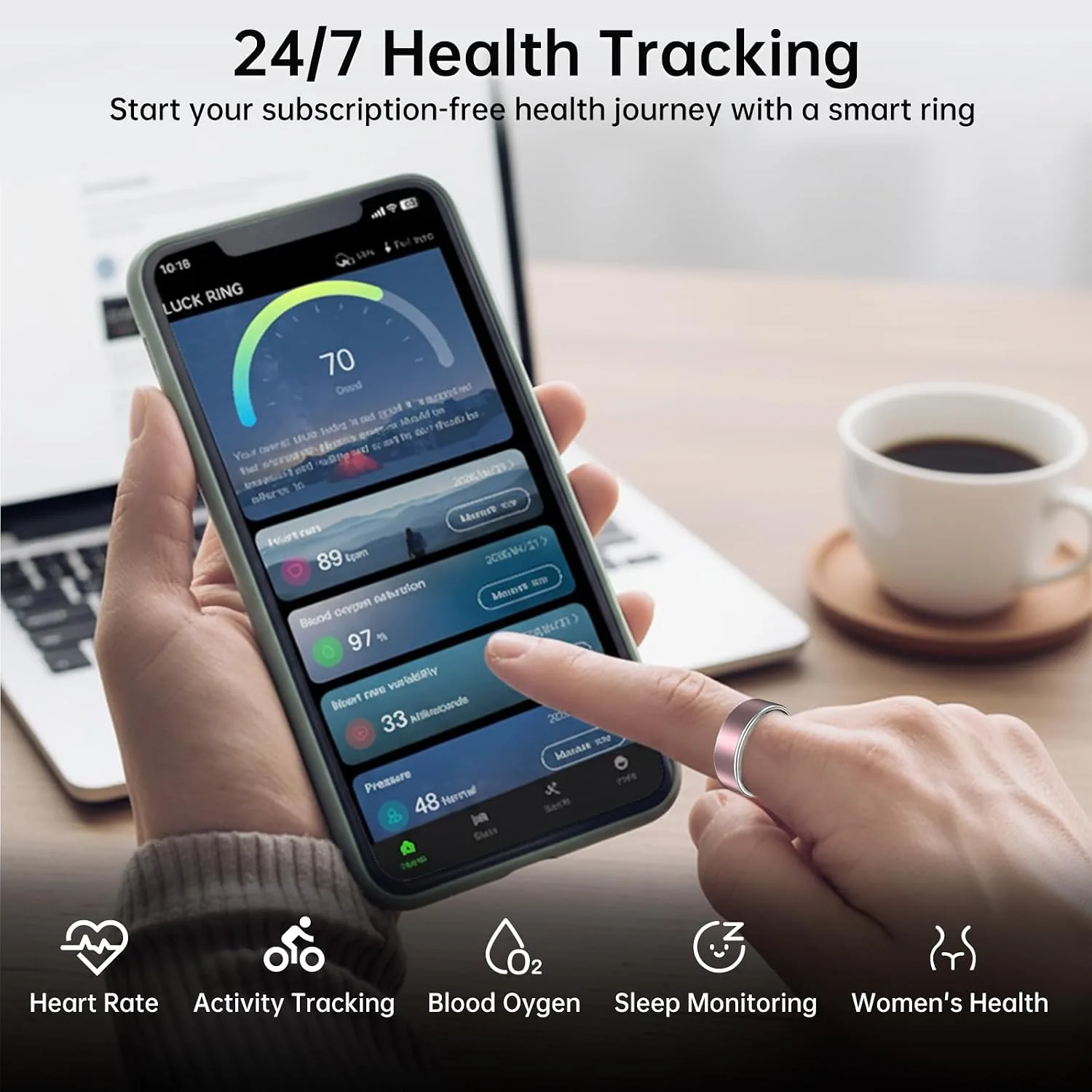 Smart Ring Fitness Tracker Ring for Women & Men, Sleep/Step/Blood Oxygen/Heart Rate Monitor, Long-Lasting Battery Sleep Ring, No Subscription Fee (Matte Pink, #8)
