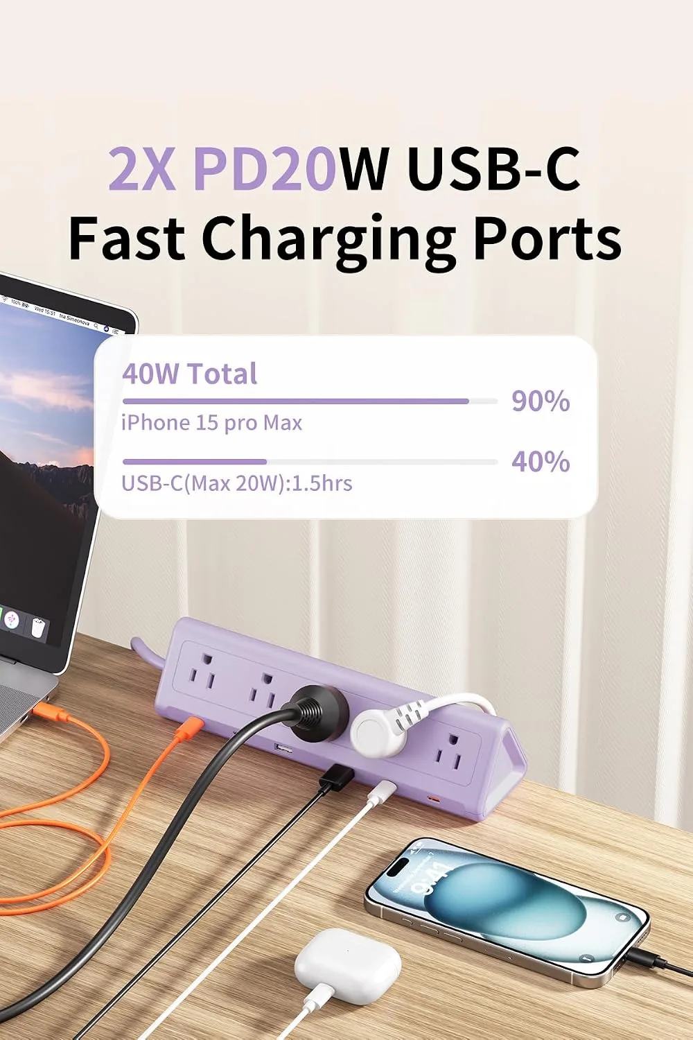 AnnTane Desk Clamp Power Strip USBC, 40W Fast Charging, 6.5 Ft, Purple