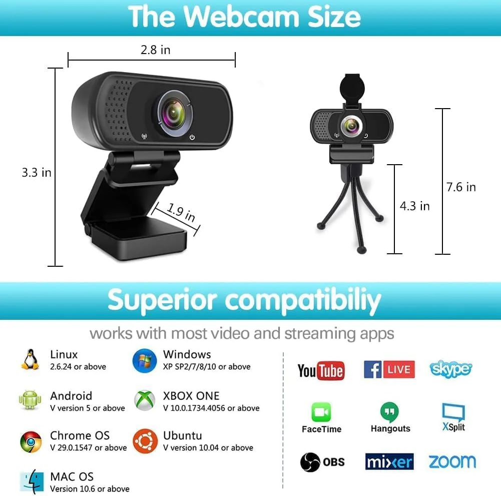 ZIQIAN 1080P Webcam with Microphone, USB Web HD Camera for PC, Laptop&Mac