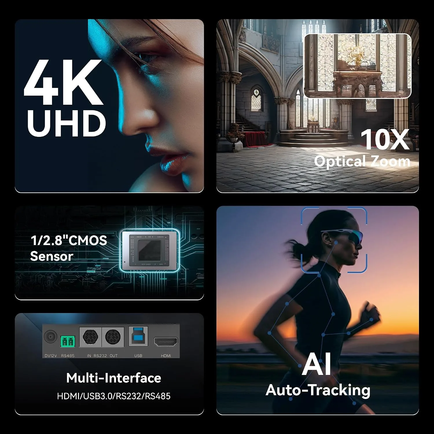 TONGVEO AI 4K PTZ Camera with Auto Tracking, 10X Optical Zoom Video Conferencing Camera, HDMI & USB 3.0 Plug and Play Webcam for Zoom, Teams, Church Worship, Live Streaming, Education