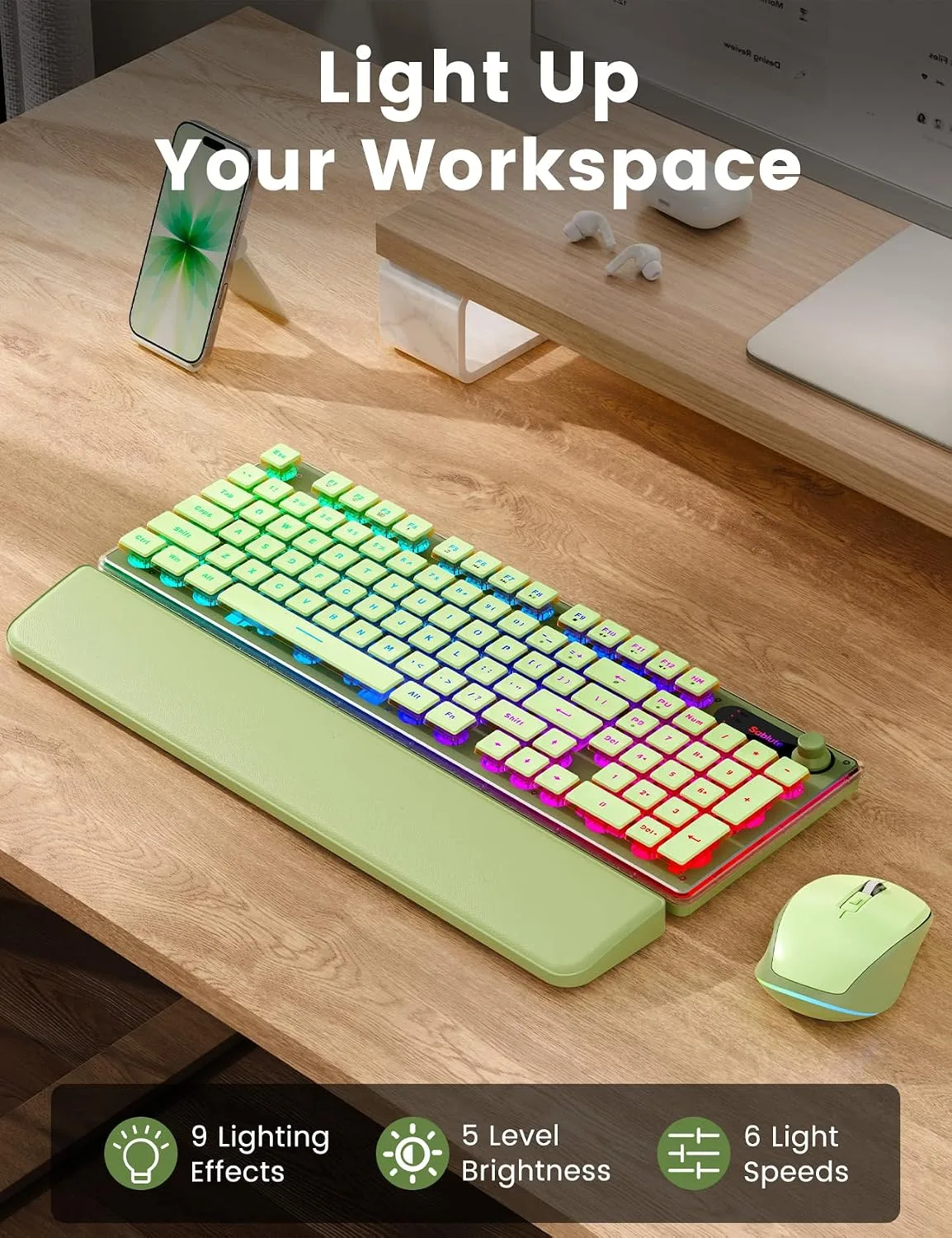 Wireless Keyboard and Mouse Combo - 9 Backlit Effects, Wrist Rest, Double-Shot Keycaps, Metal Panel, Long-Lasting Rechargeable, 2.4G Keyboard Mouse Set for Windows Mac PC Laptop – Sablute (Green)