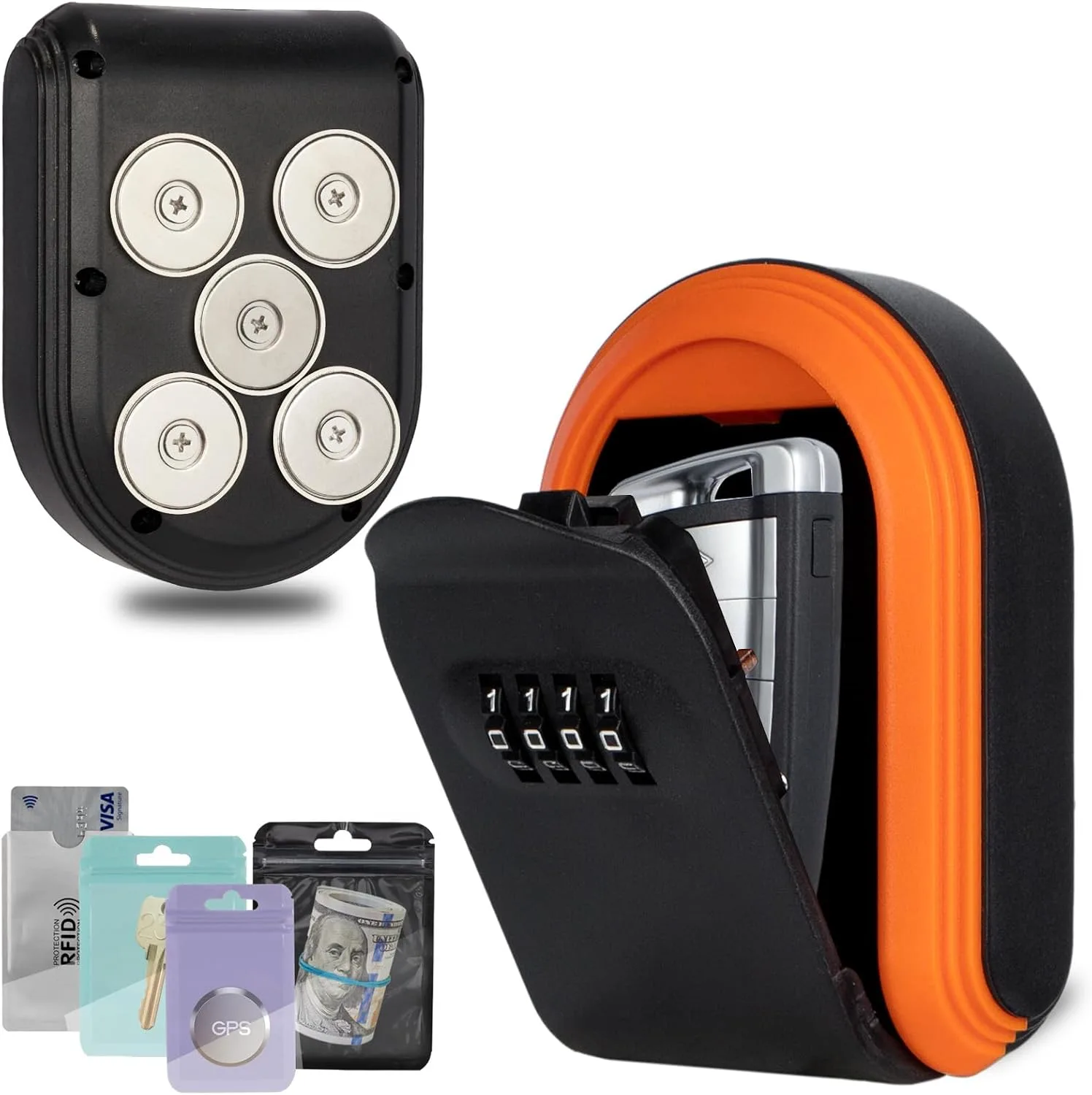 Magnetic Key Holder Under Car,Hide a Key Outside with Combination Lock box,Resettable Safe Security Code Lockbox with 5 Strong Magnets,Anti-drop Magnetic Box for Under Car,Indoor,Outdoor (Orange)