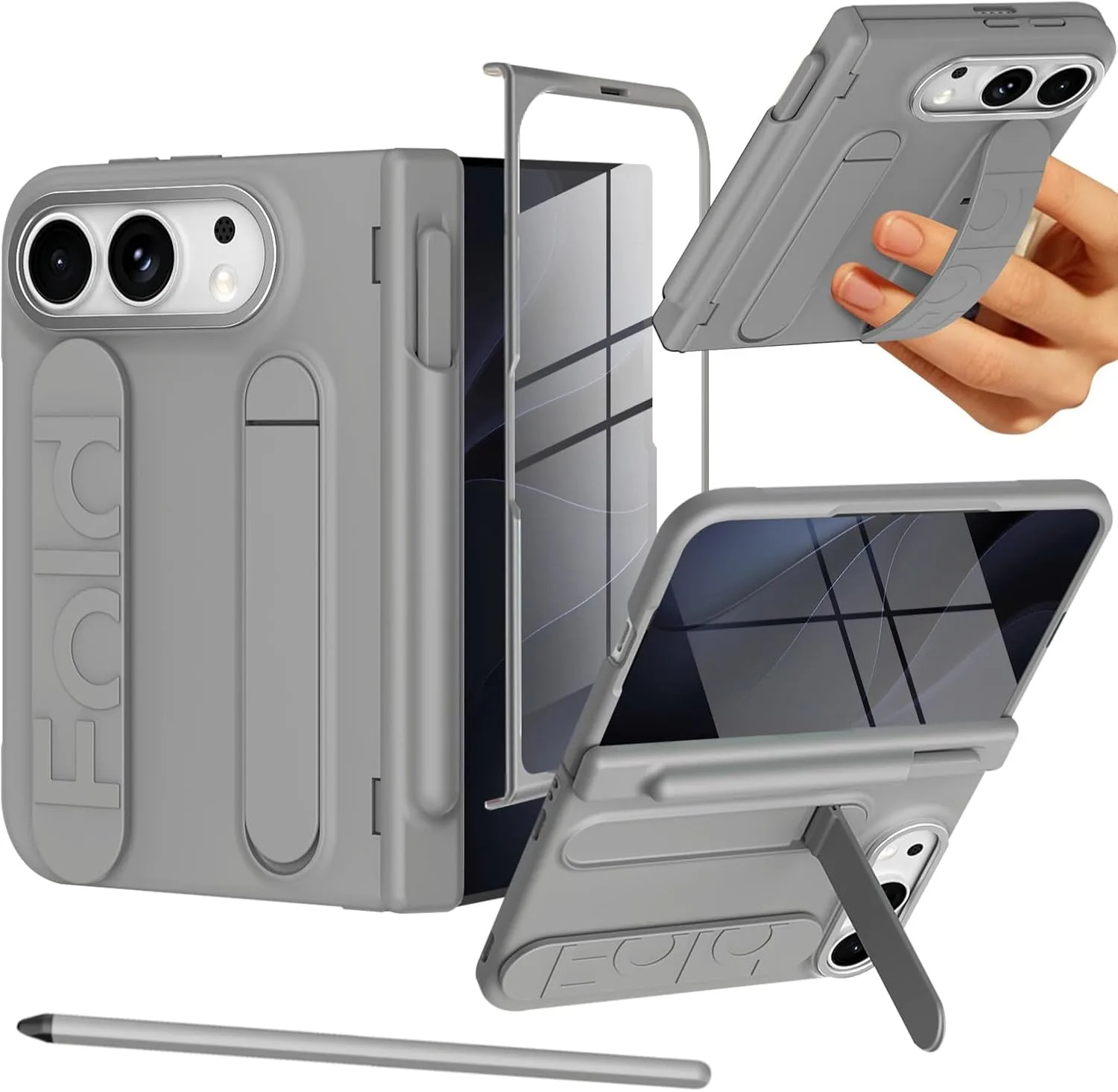 NINKI S Pen Case for iPhone Duo Phone Case with Screen Protector & Pen Slot, Kick Stand with Finger Strap Loop, Shock-Proof Hinge Protection for iPhone Duo Fold Phone Cover with Stylus Holder Gray