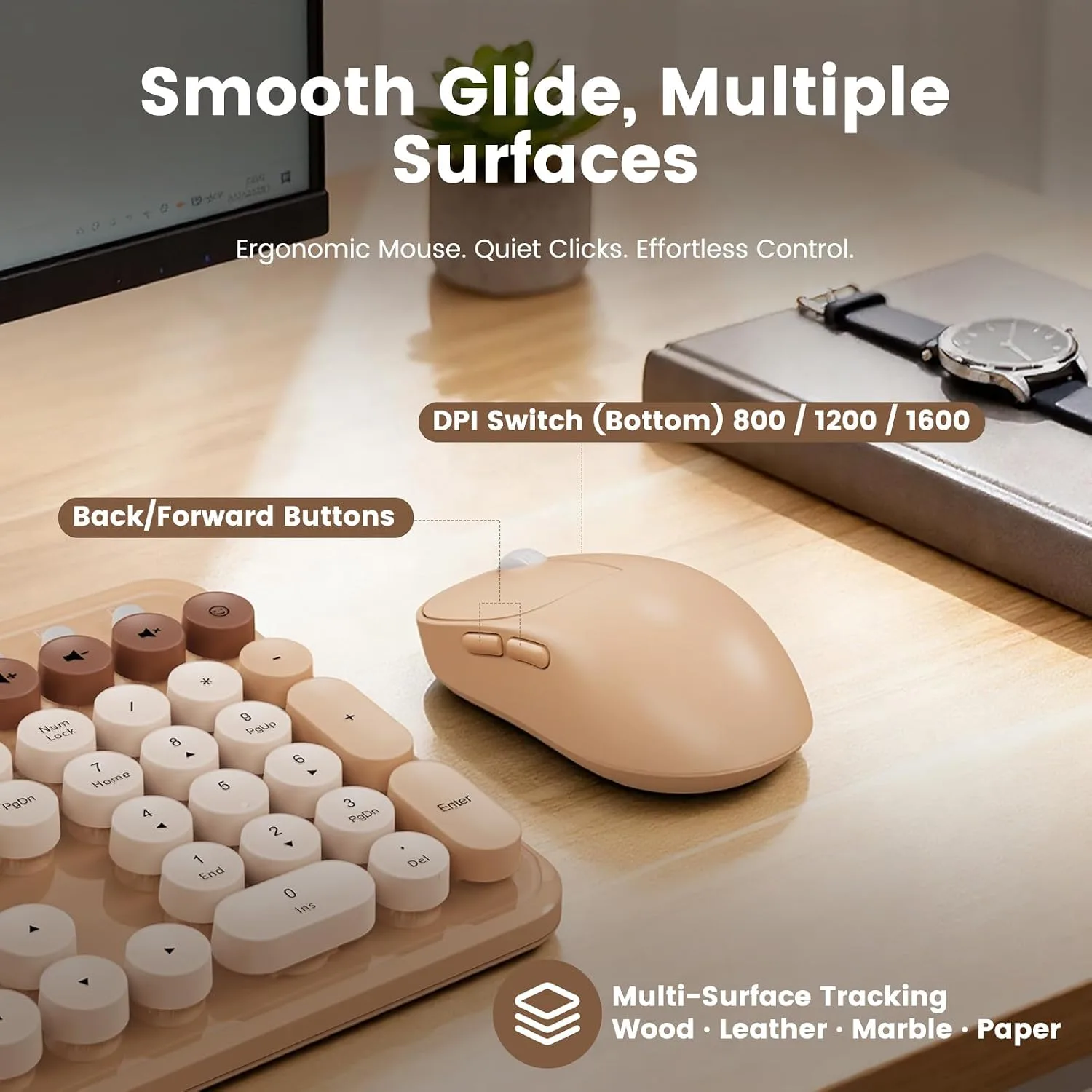 Wireless Keyboard and Mouse Combo, Round Keycap, Tablet Holder, Beige Color