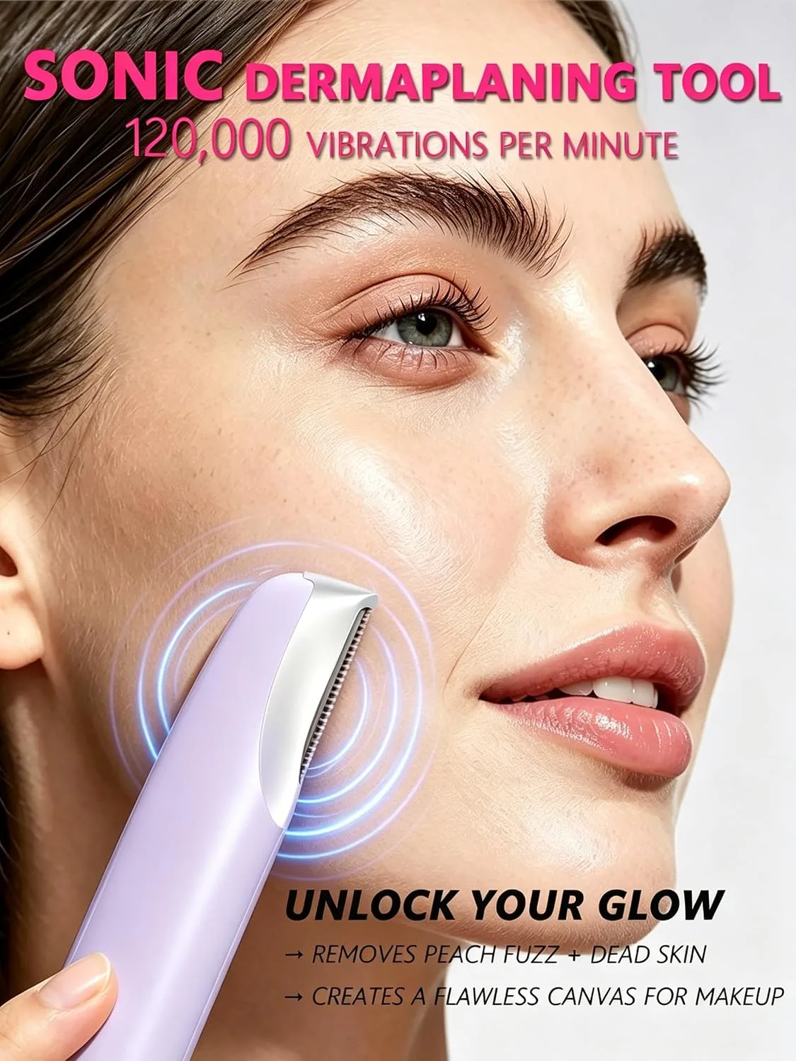 Dermaplane Razor for Women Face |Sonic Facial Hair Remover with LED Light, Electric Peach Fuzz Remover & Facial Exfoliation Tool for Smooth-Looking Skin, Eyebrow Grooming, 4 Replacement Blades,Purple