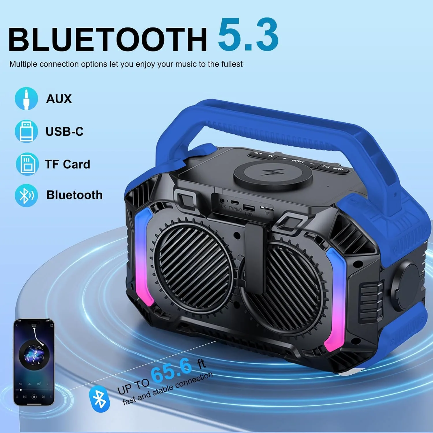 Speakers Bluetooth Wireless, 100W Portable Bluetooth Speaker with Bass, IPX7 Waterproof & Floatable, 20H Playtime, RGB Light, Loud Speakers with TWS for Work, Outdoor, Garage(L-Blue)