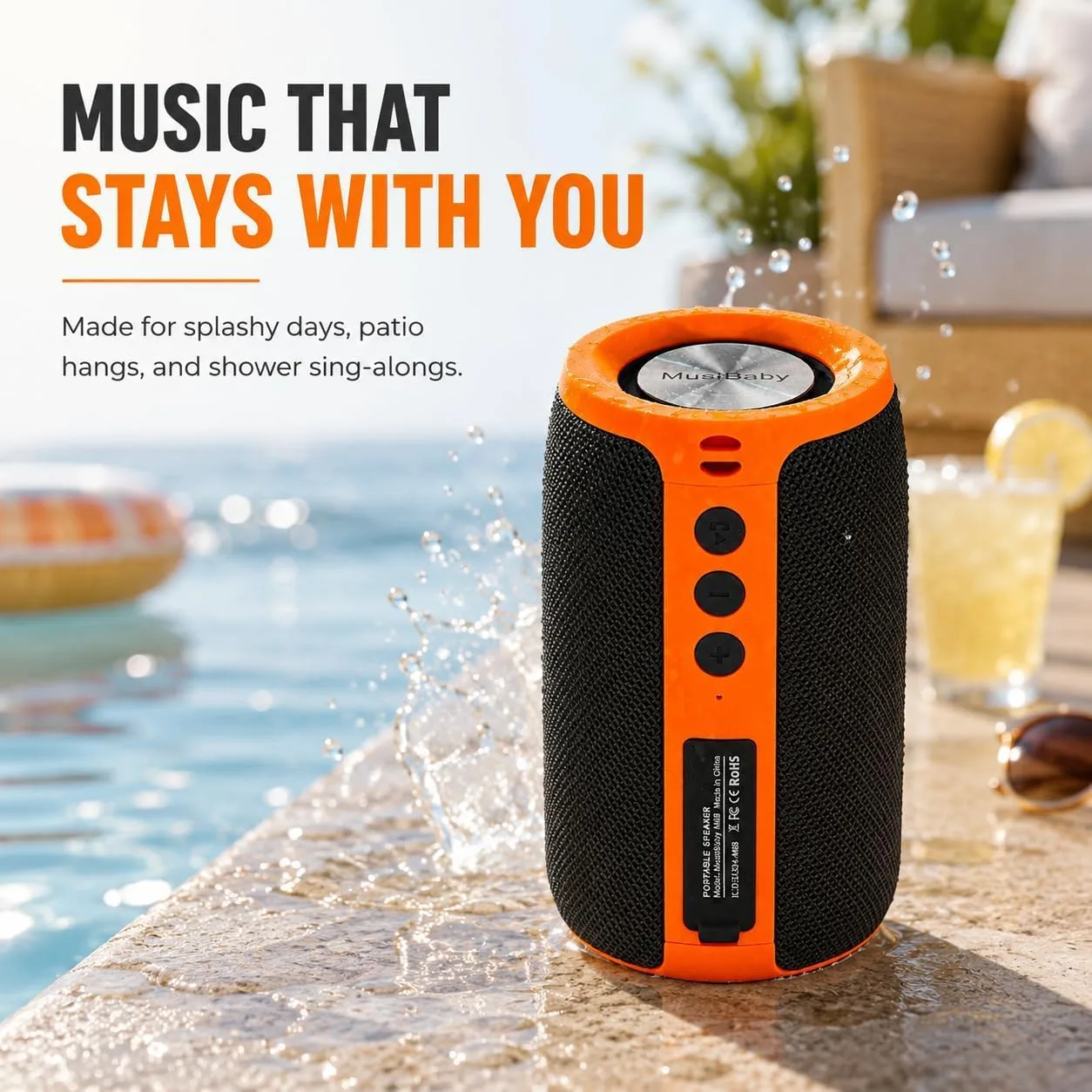 Musibaby M68 Bluetooth Speaker, 12W, IPX5, 24H Playtime, OrangeBlack