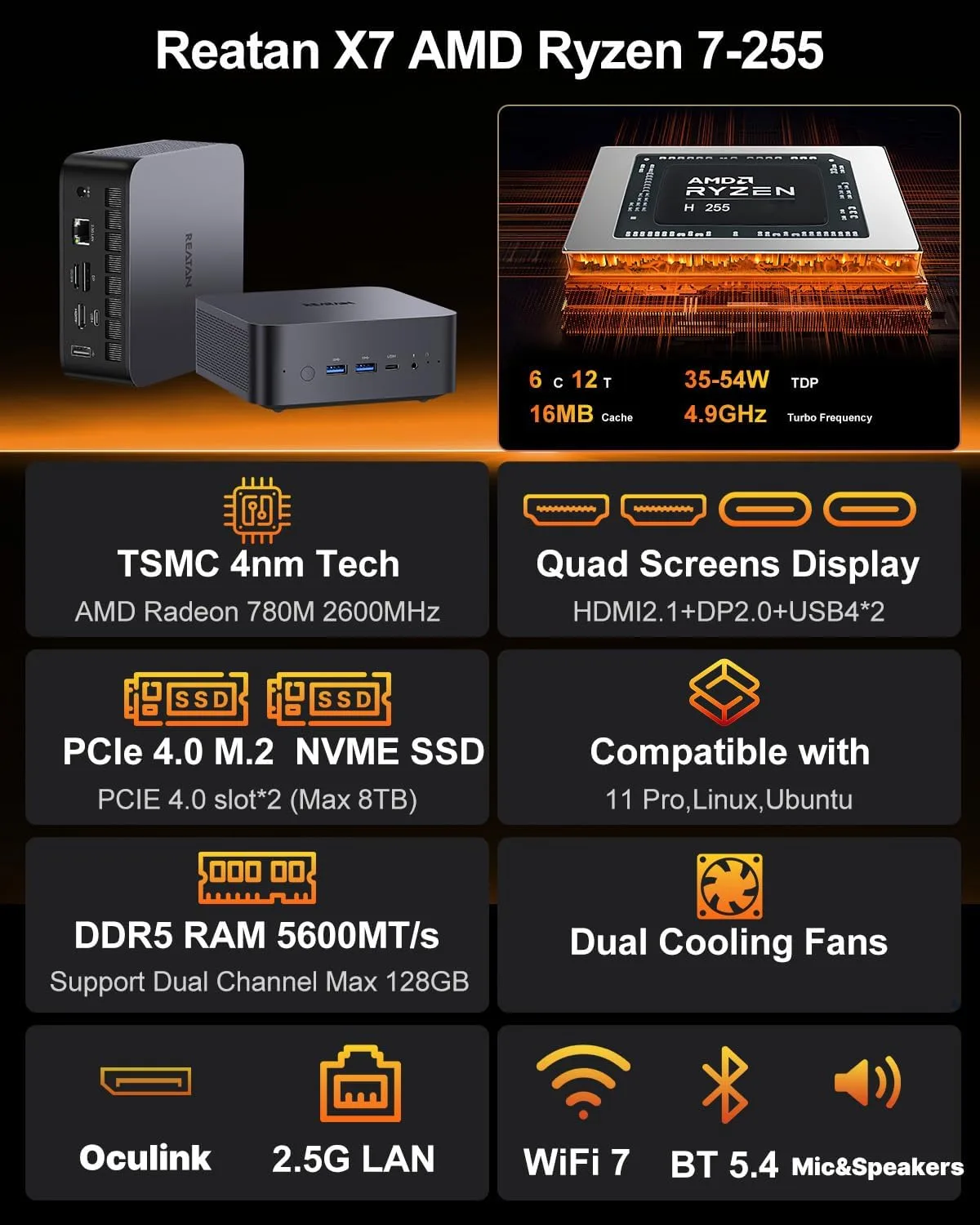 Reatan Gaming Mini PC, Ryzen 7 255, 48GB DDR5 2TB SSD with Crucial, OcuLink