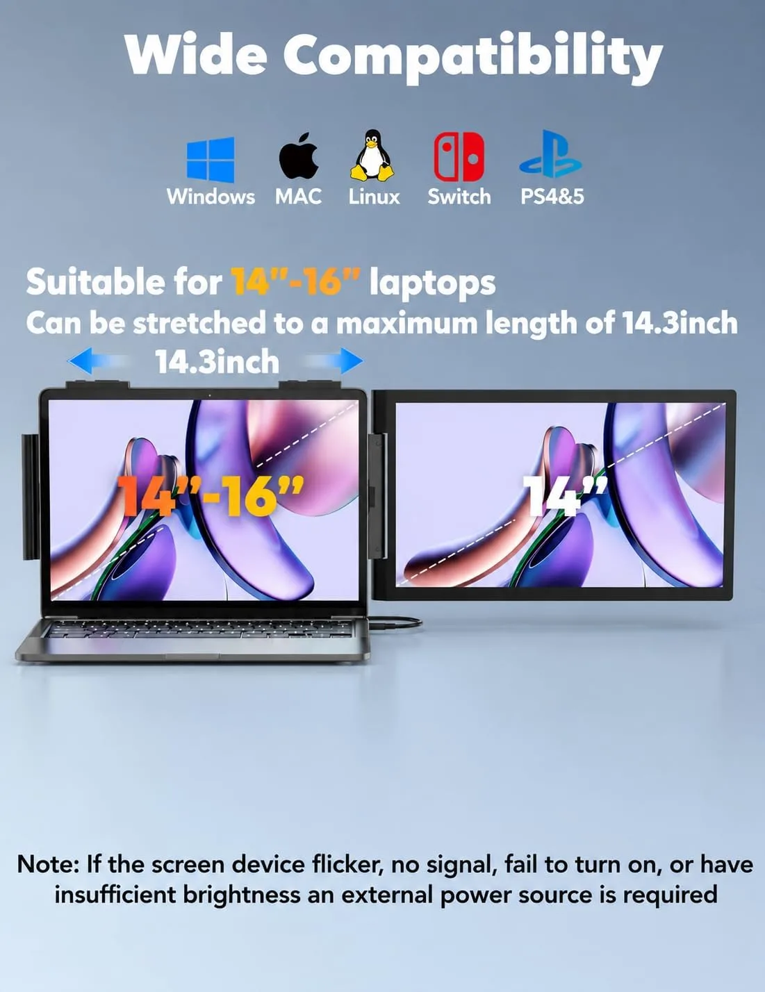 HONGO 14'' Laptop Screen Extender, FHD 1080P IPS Dual Display Portable Monitor for 14-16'' Laptops, USB-C/HDMI, Plug and Play for Windows, Mac, Android, Switch and PS5