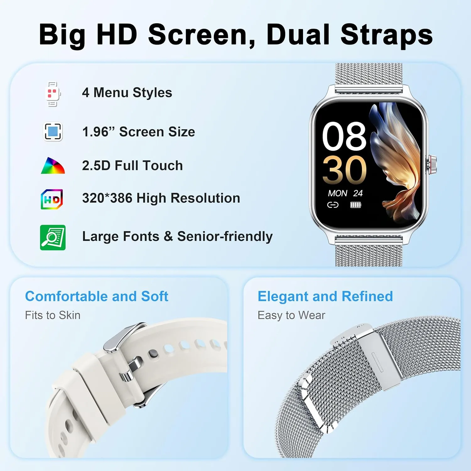 Smart Watch Women Men, 1.96" Reloj Inteligente para Mujer, Fitness Tracker, Blood Pressure/Heart Rate/SpO2 & Sleep Monitor, 110+ Sport Modes, Make/Answer Call, Voice Assistant for iOS Android