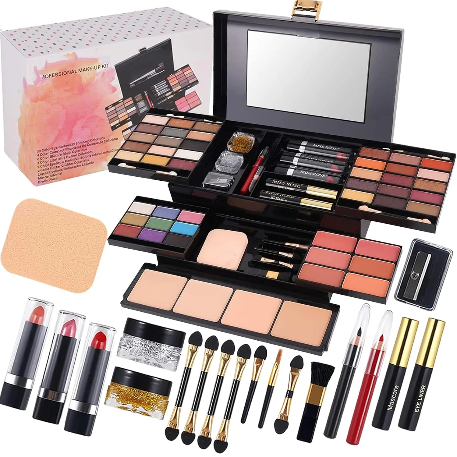 58 colors Professional Makeup Kit for Women, All In One Full Makeup Gift Set for Women Girls Beginner with Eye Shadow Blush, Lipstick, Compact Powder, Mascara, Eyeliner, Lip Liner, Eyebrow Pencil,