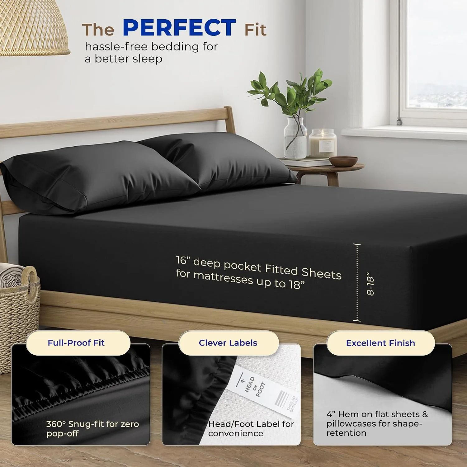 THREAD SPREAD Egyptian Cotton Sheets King Size - Luxury 600 Series King Size Sheets Set (4 PC, Black), 16" Deep Pocket All Around Elastic, Soft, Cooling, Sateen Weave, Durable Hotel Bed Sheet Sets