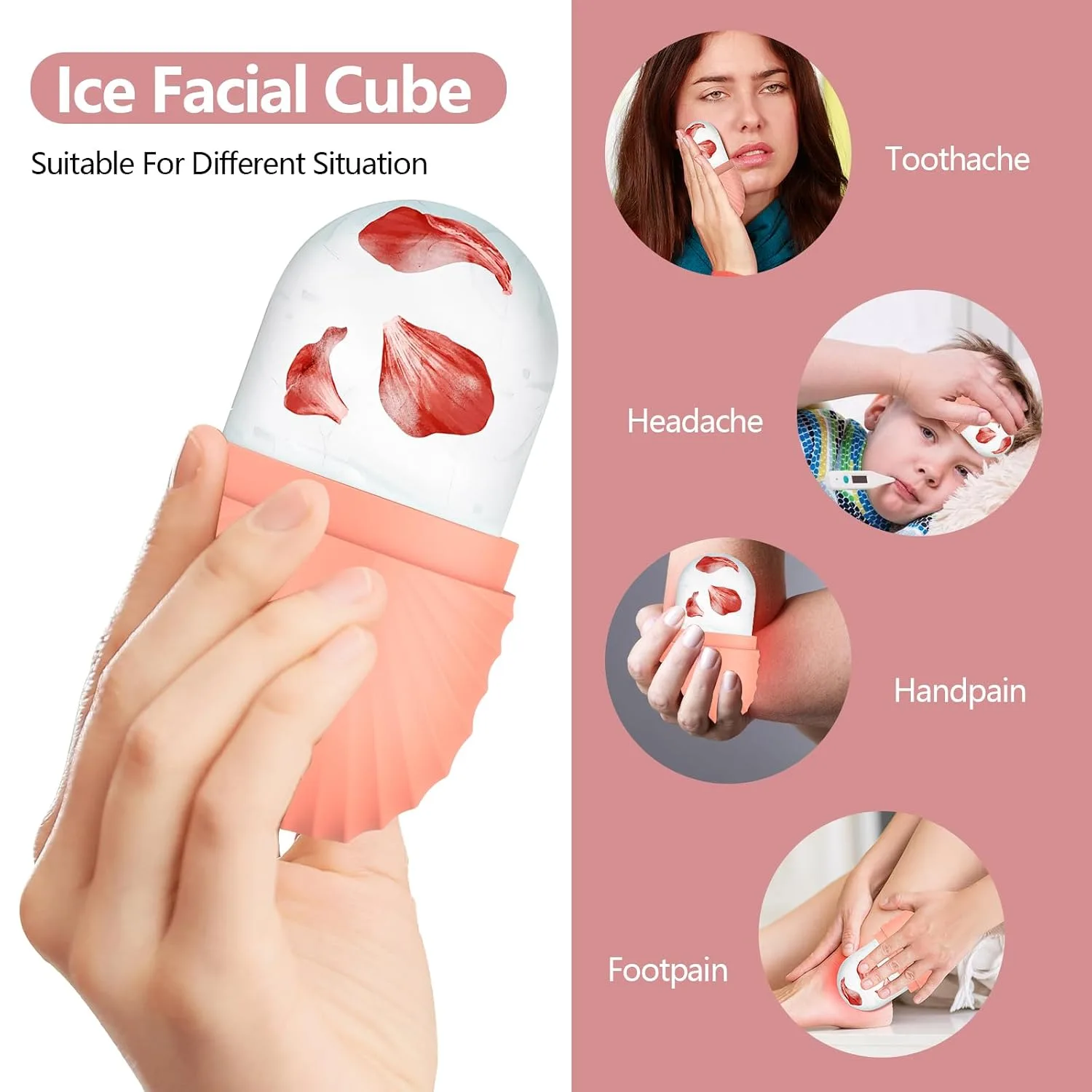 Ice Roller for Face and Eye, Silicone Ice Facial Roller Ice Holder, Face Ice Mold Skin Care, Face Icers Reusable Ice Cube Roller for Shrink Pores Anti Wrinkle Reduce Puffiness, Pink