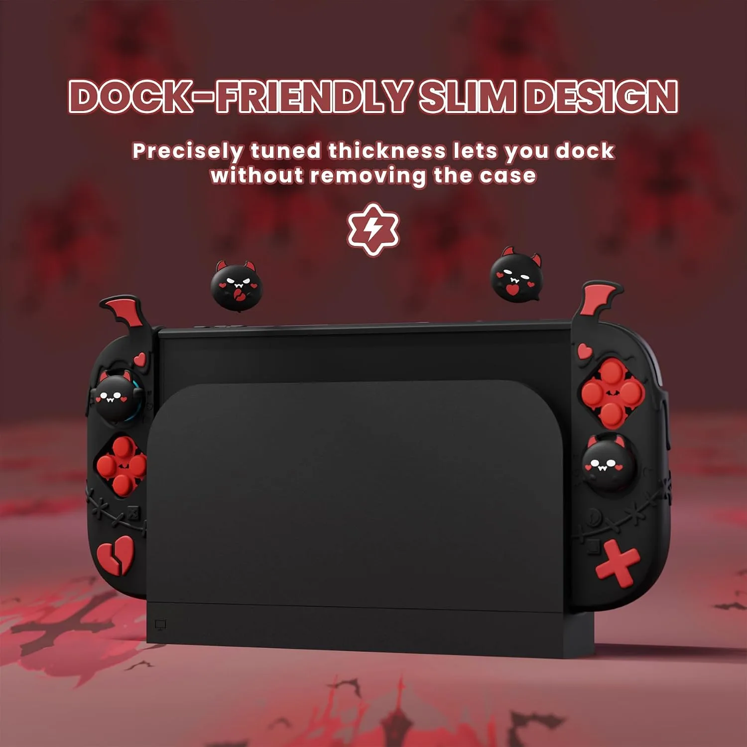 playvital Protective Case for Nintendo Switch 2, Kawaii Gothic Imp Series Silicone Grips + Dockable Hard Case Shell for Switch 2 with Thumb Grips & Sticker, Shockproof Protection Cover - Black