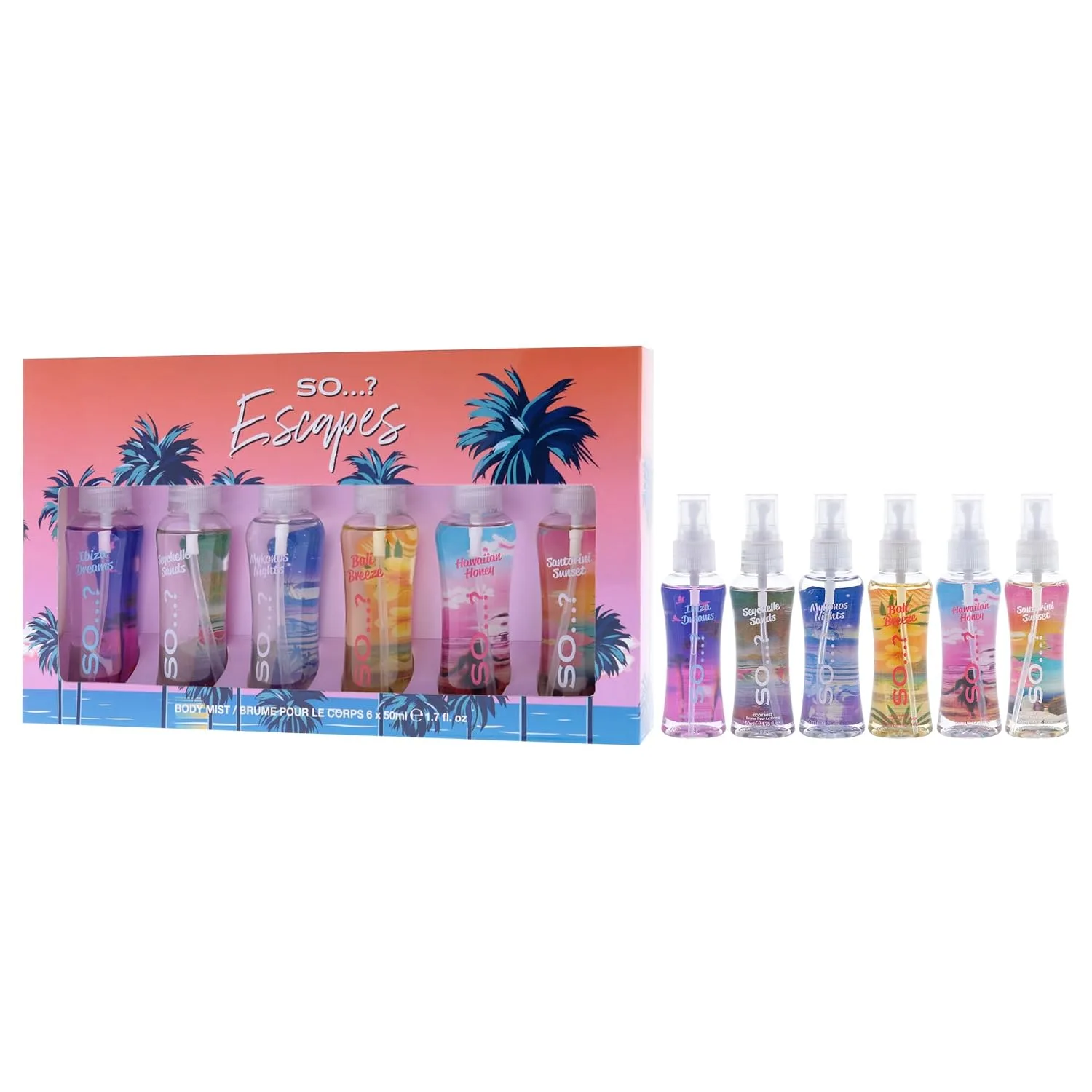 So...? Escapes Body Mist Set For Women - 6 Pc 1.7oz Body Mists - Ibiza Dreams, Mykonos Night, Bali Breeze, Seychelle Sand, Hawaiin Honey, Santorini Sunset (Pack of 2)