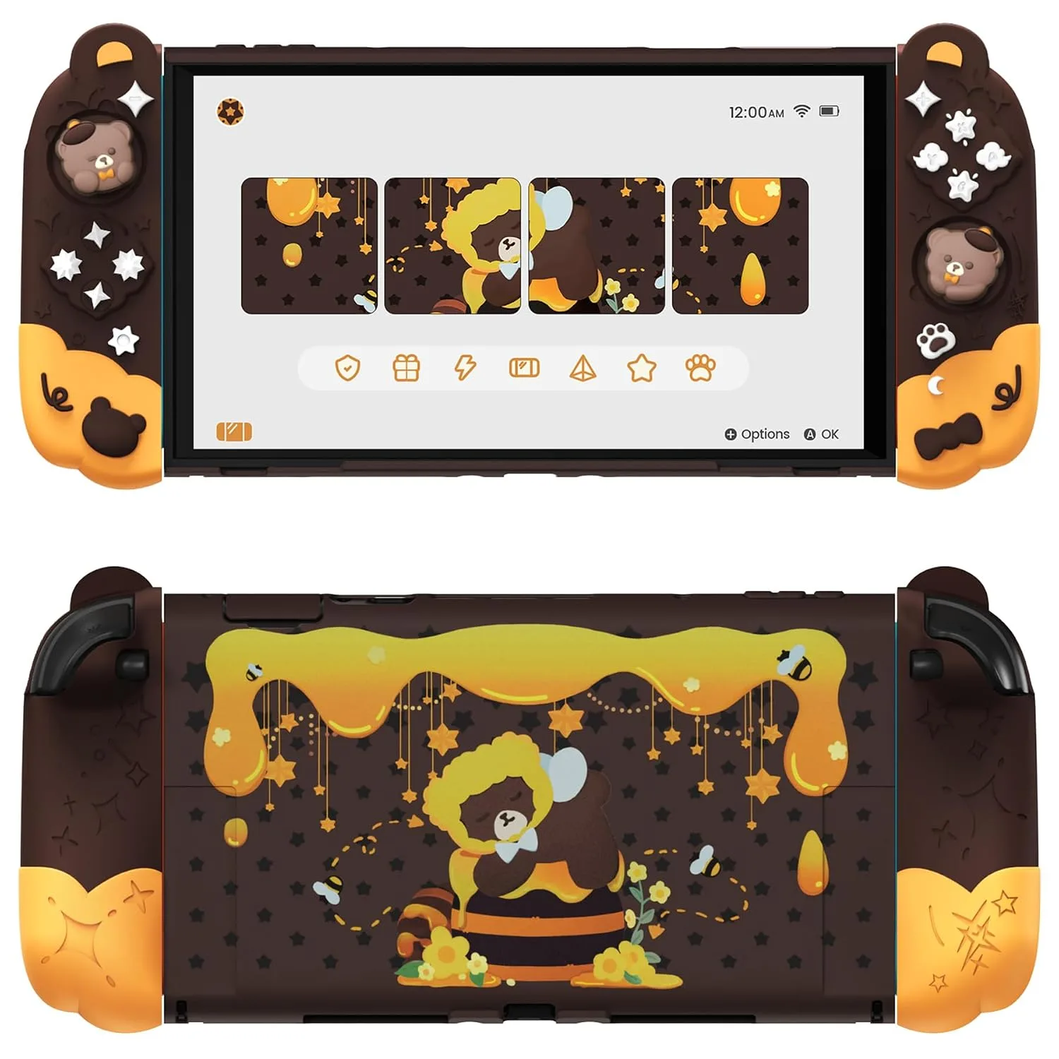 PlayVital Good Night Bear Dockable Case for Nintendo Switch 2 with Stand | Split Design Silicone Joycon Grips, PC Console Hard Shell, 2 Joystick Caps | Cute Protective Cover Bundle – Brown