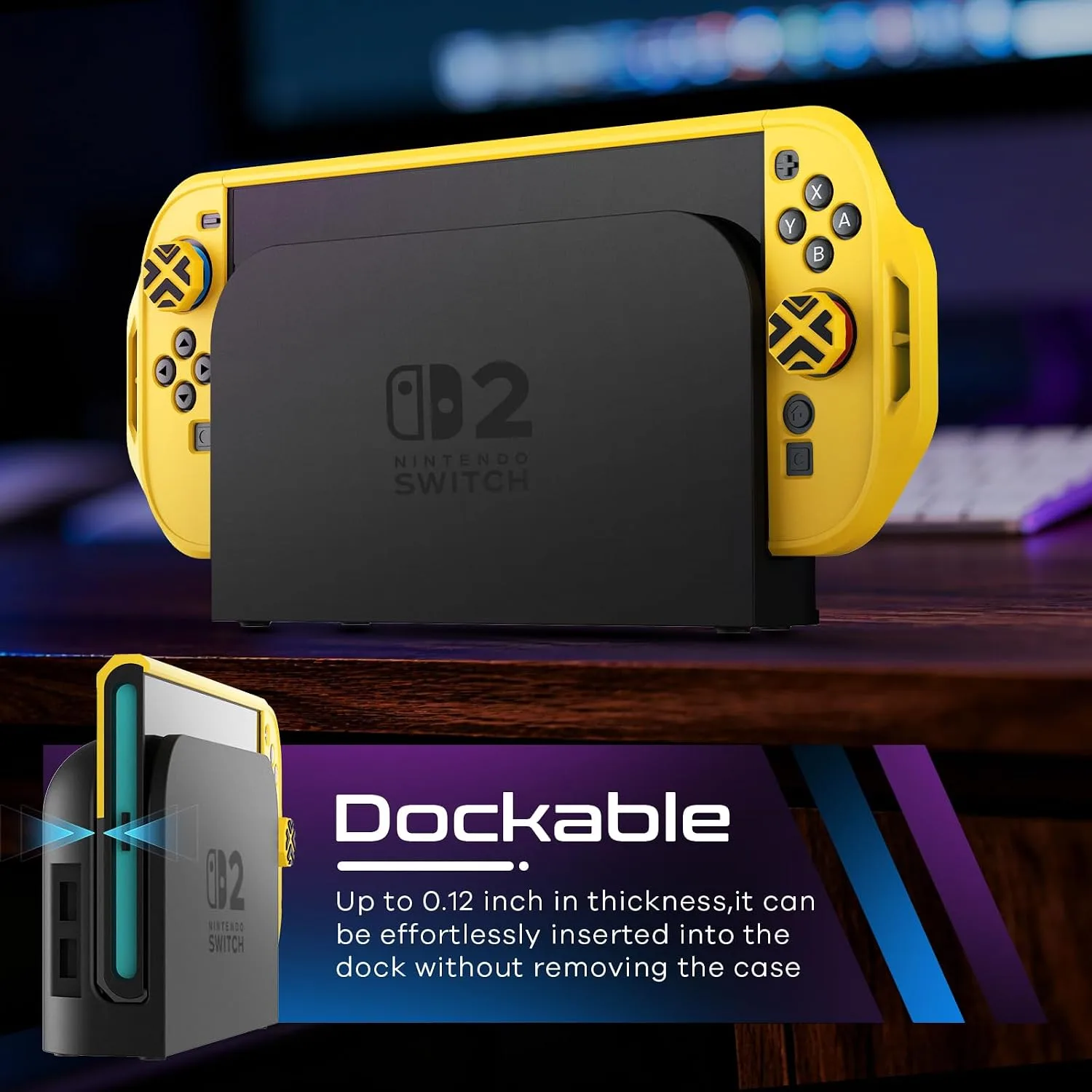 Toladoshop Dockable for Switch 2 Grip Case (2025) Accessories, Armor Slim Military-Grade Protection for Detachable 3PCS Design Joncon Holder with Screen Protectors and Joystick caps, Yellow