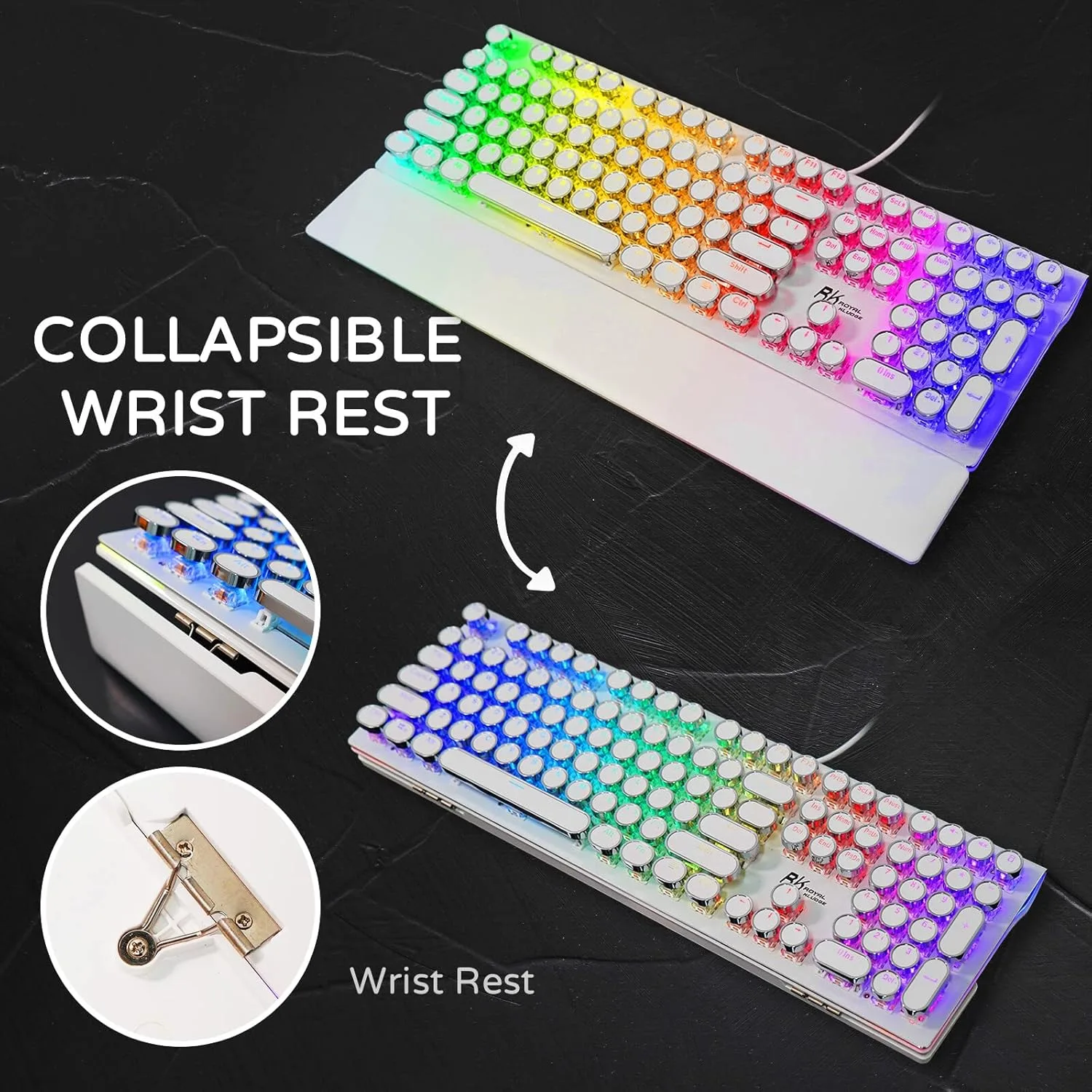 RK ROYAL KLUDGE S108 Typewriter Gaming Keyboard, Retro RGB Mechanical Keyboard, Full Size Wired Keyboards with Number Pad and Detachable Wrist Rest, Round Keycaps, Clicky Blue Switches White